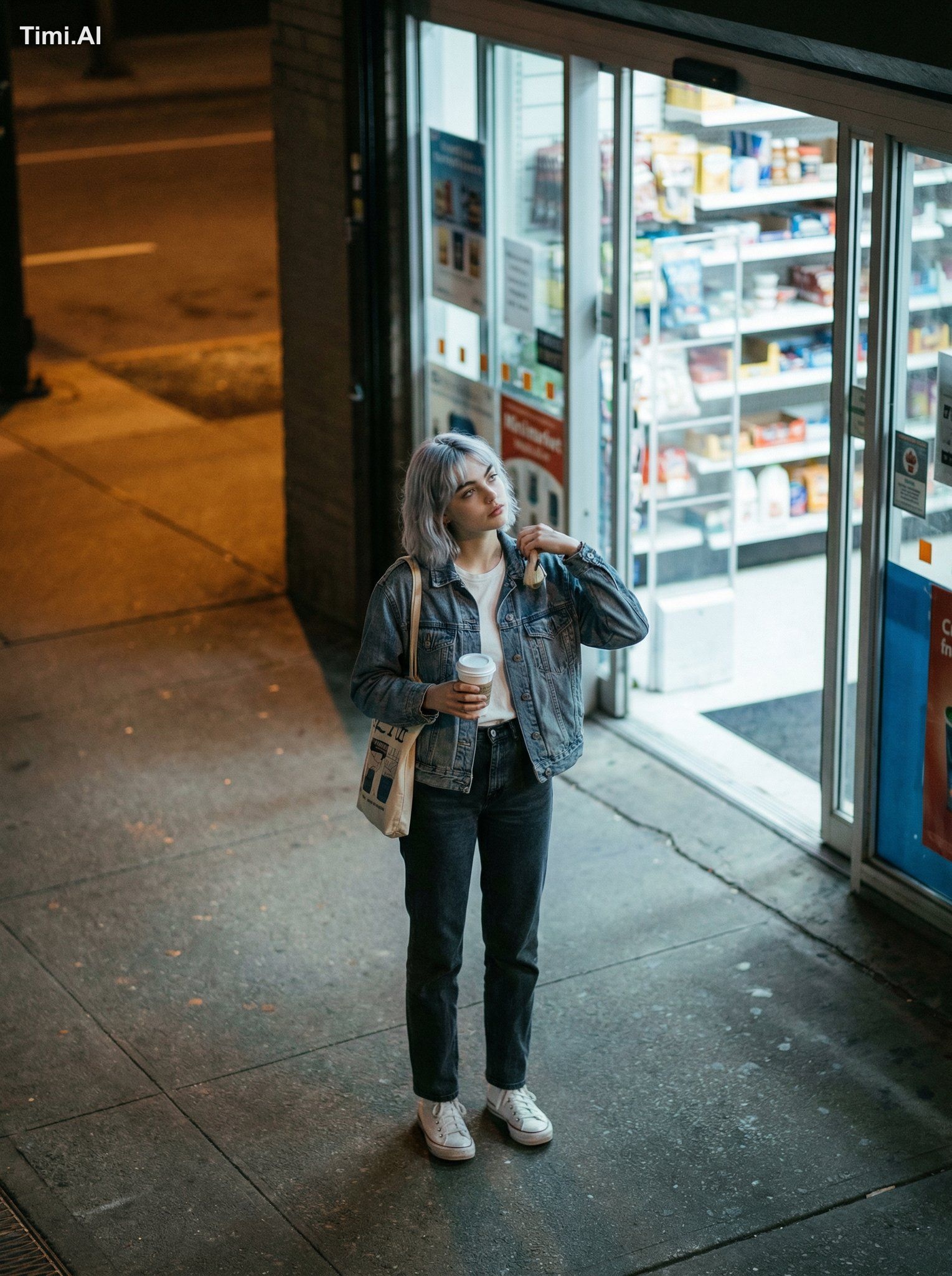 High-angle candid night street fashion photograph, shot from an upper f…