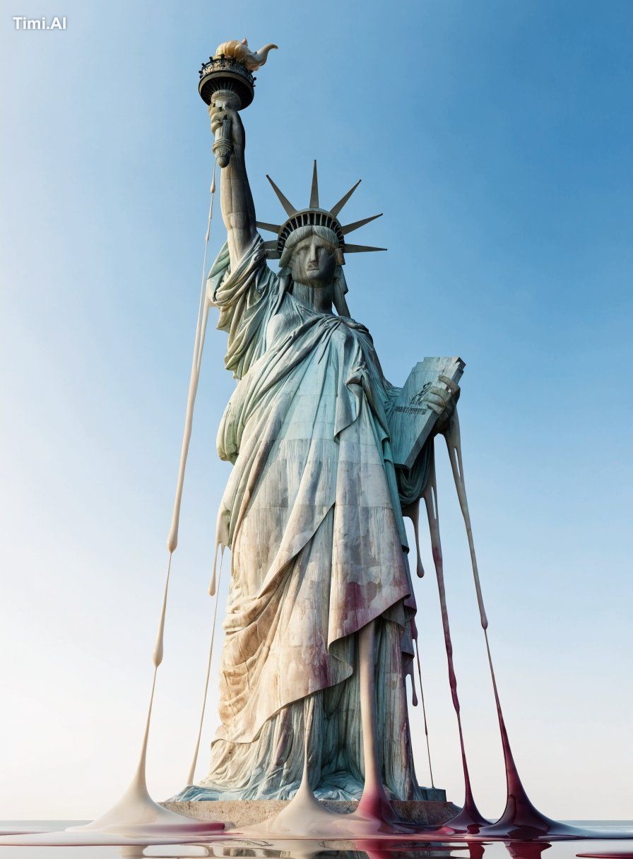 Cinematic wide shot showing the ENTIRE Statue of Liberty from base to t…