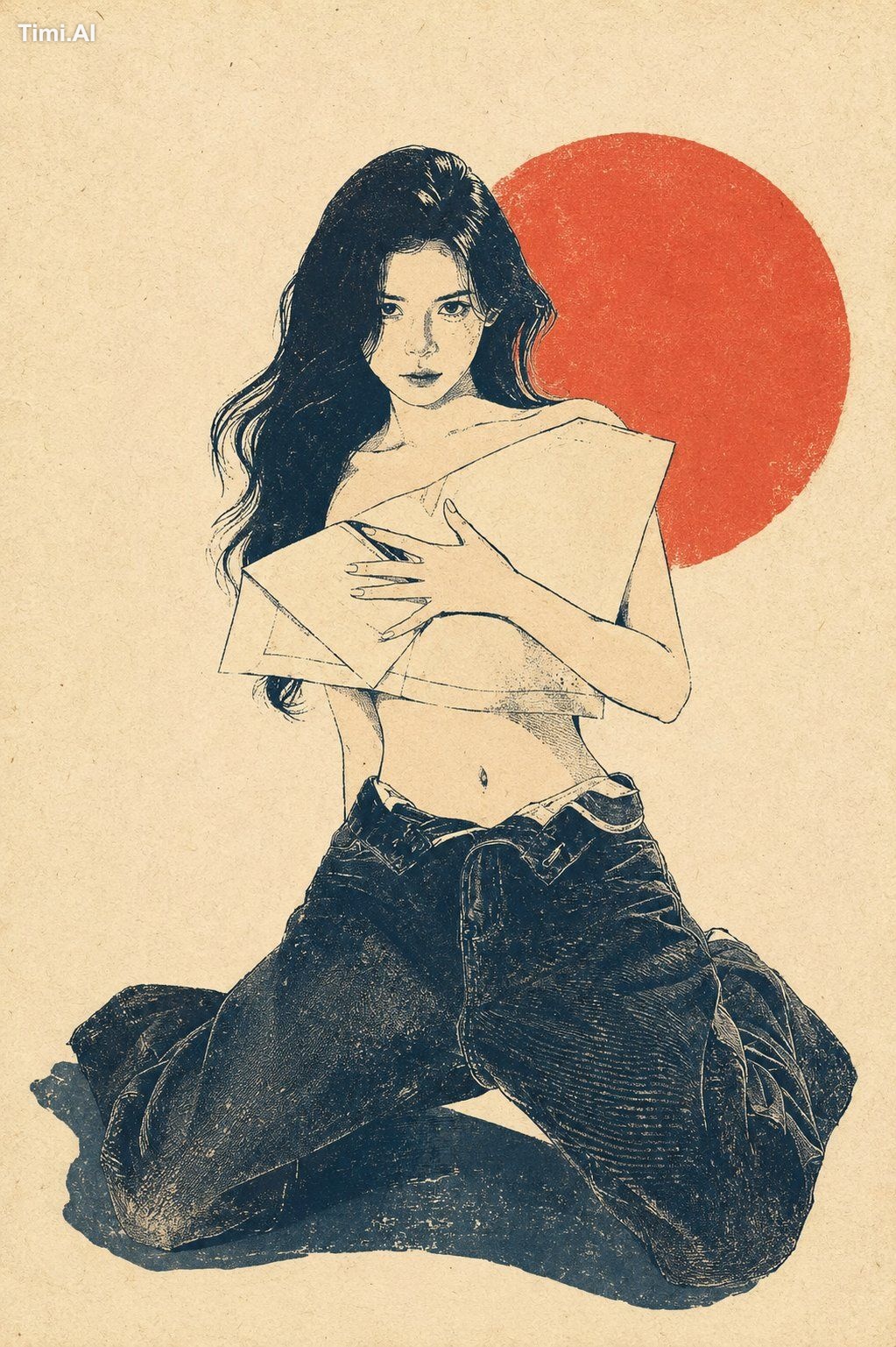 一张极简复古日式版画风插画，主体为【xxx】，画面保留大面积米白色、象牙白或淡奶油色纸张背景，背景带有细腻纸纹、轻微老化感、手工印刷颗粒和柔和… 1
