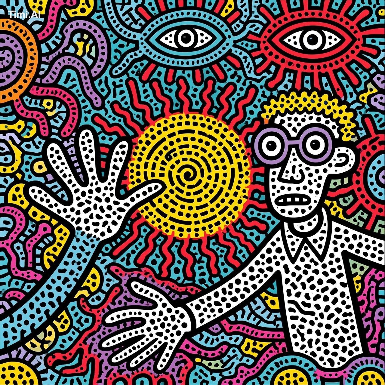 Schrijf een prompt voor MidJourney waarbij in Keith Haring-stijl het ei…