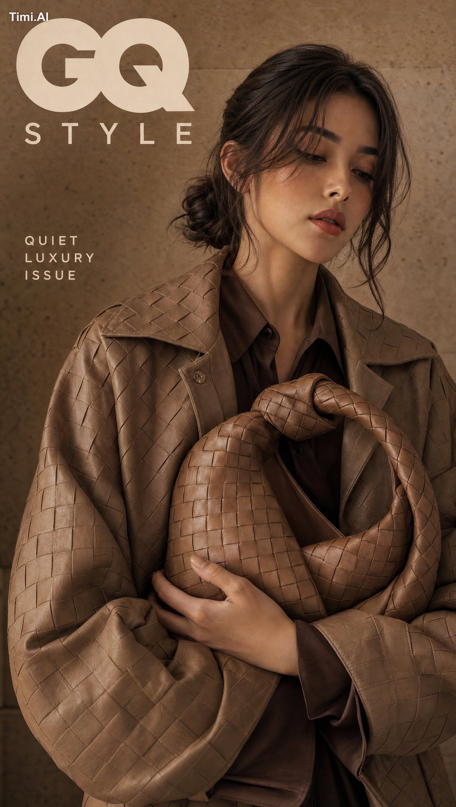 Ultra-realistic quiet luxury brand magazine cover featuring a refined K…
