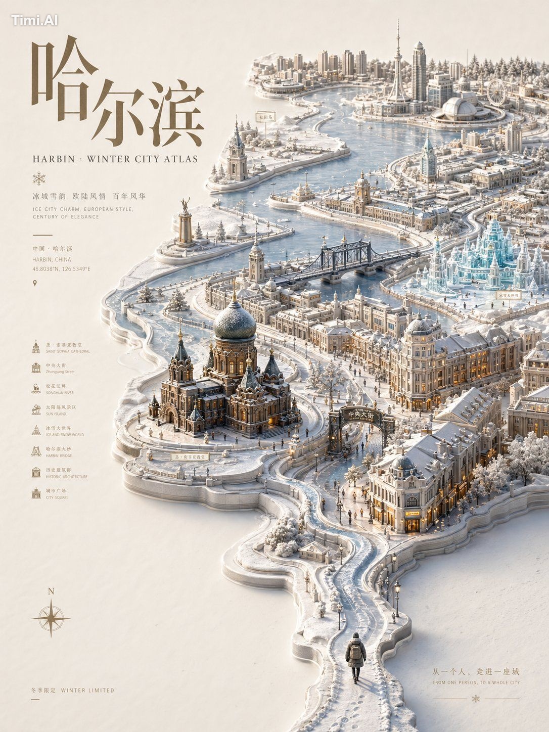 设计一张高级「立体浮雕城市地图海报 / Relief City Atlas Poster」，主题为【城市名称】的【季节主题】。 整体不是普通平…