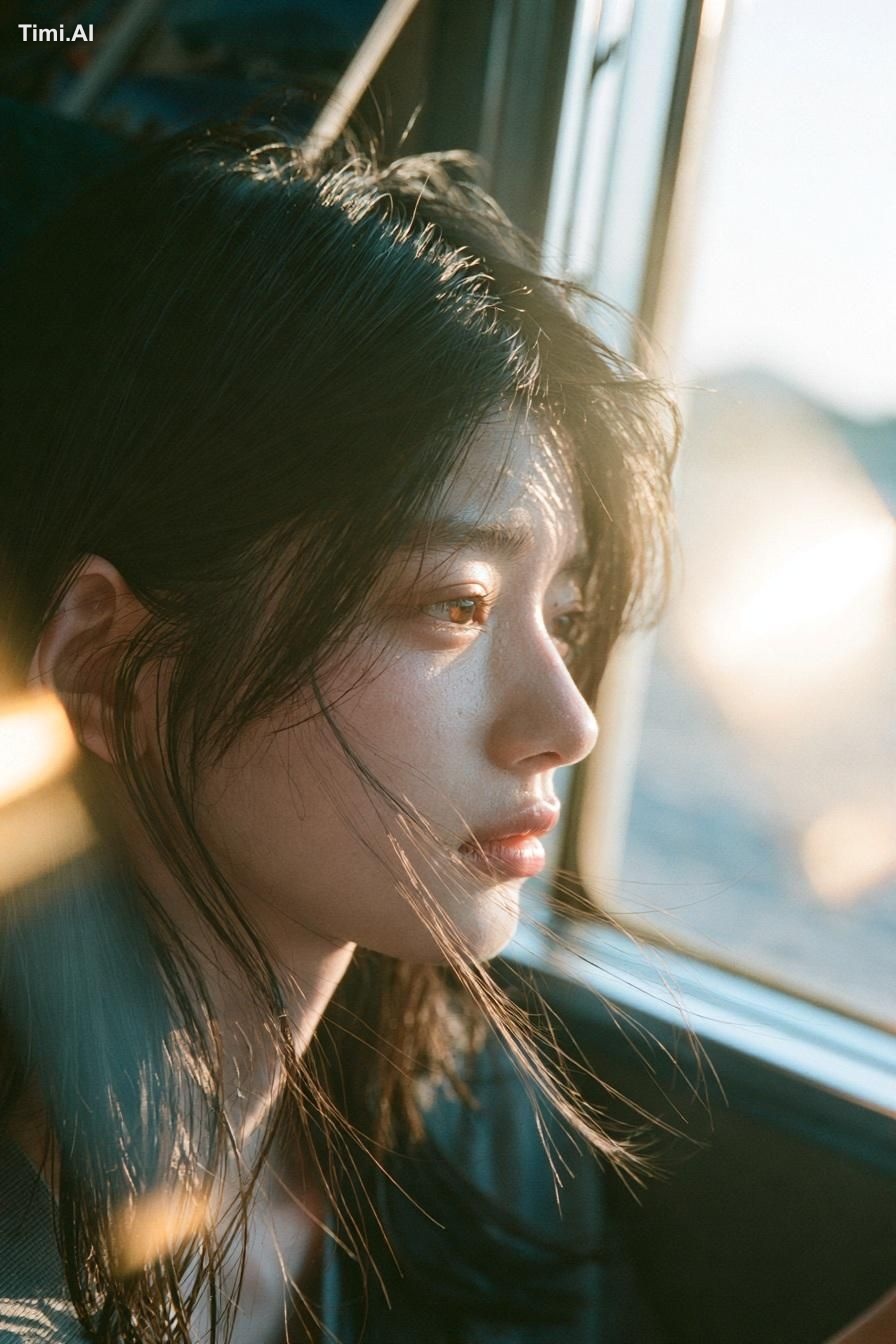 A melancholic young East Asian woman with long, slightly messy black ha…