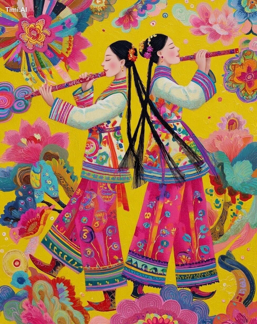 a colorful painting of two women playing the flute, wearing gorgeous co…