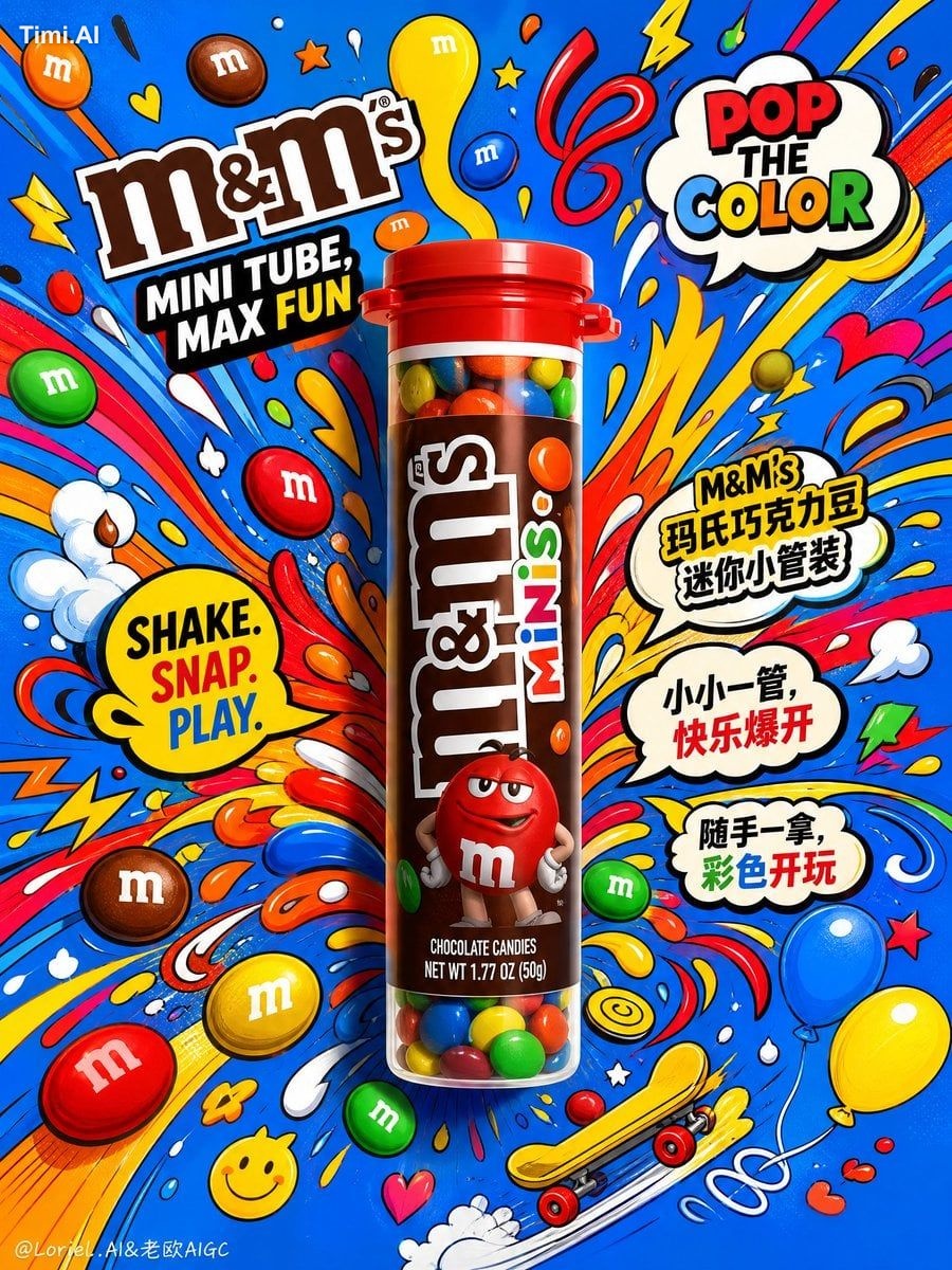 Create an ultra-vibrant commercial poster for M&M’s chocolate candies, …