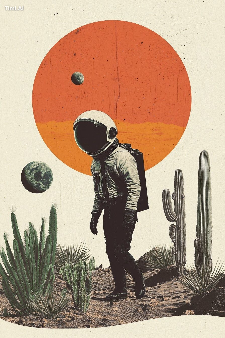 Black cat in a space helmet walking on a desert planet, with cacti and …