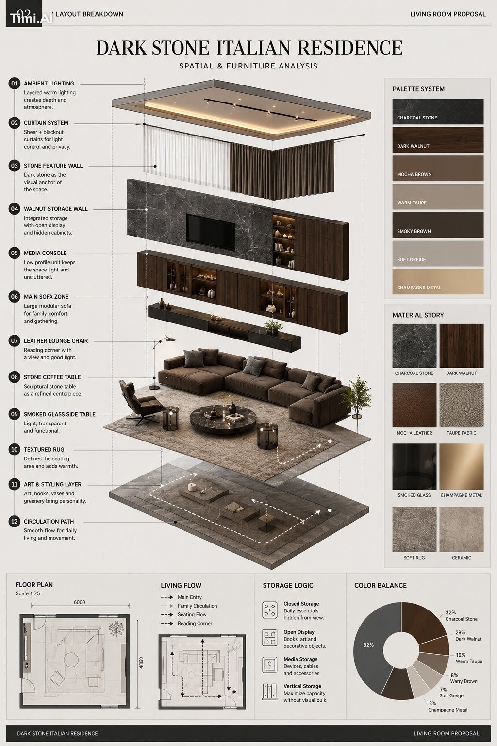 Create a four-page interior design proposal series titled “Dark Stone I… 1