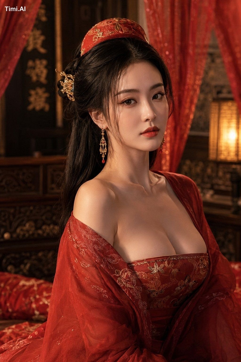 生成一个中国山寨压寨夫人女性穿着小红肚兜在闺房里，2比3，影视级人像特写，上半身构图，身材匀称丰韵，S曲线 2