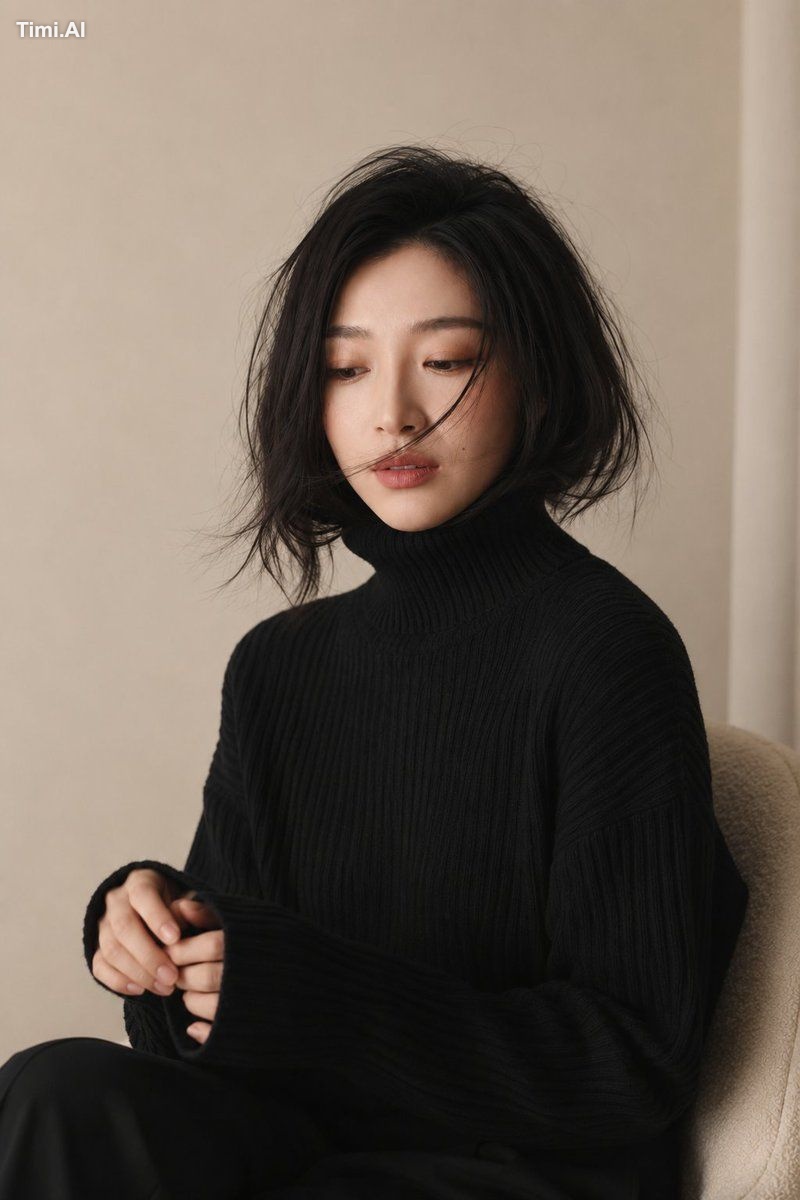 创作一幅写实的竖幅特写美妆时尚人像，风格柔和简约，适合室内拍摄。画面中是一位东亚成年女性，镜头从上半身延伸至头顶，她位于画面中心偏右的位置，背… 2