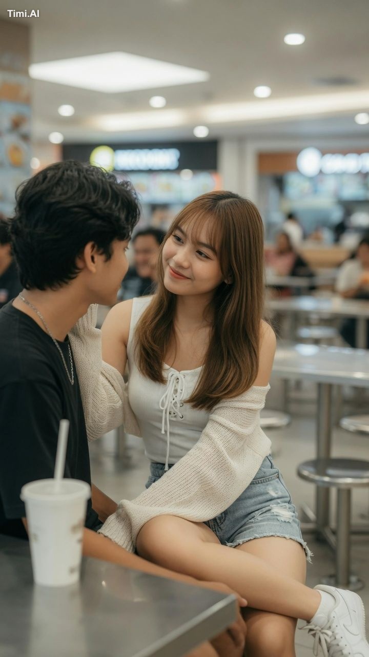 A candid, intimate moment in a bright modern mall food court cafe, phot… 1