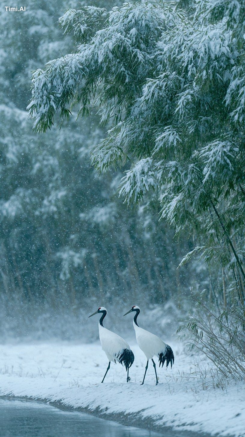 A digital camera captured two white cranes dancing in a wide expanse of…