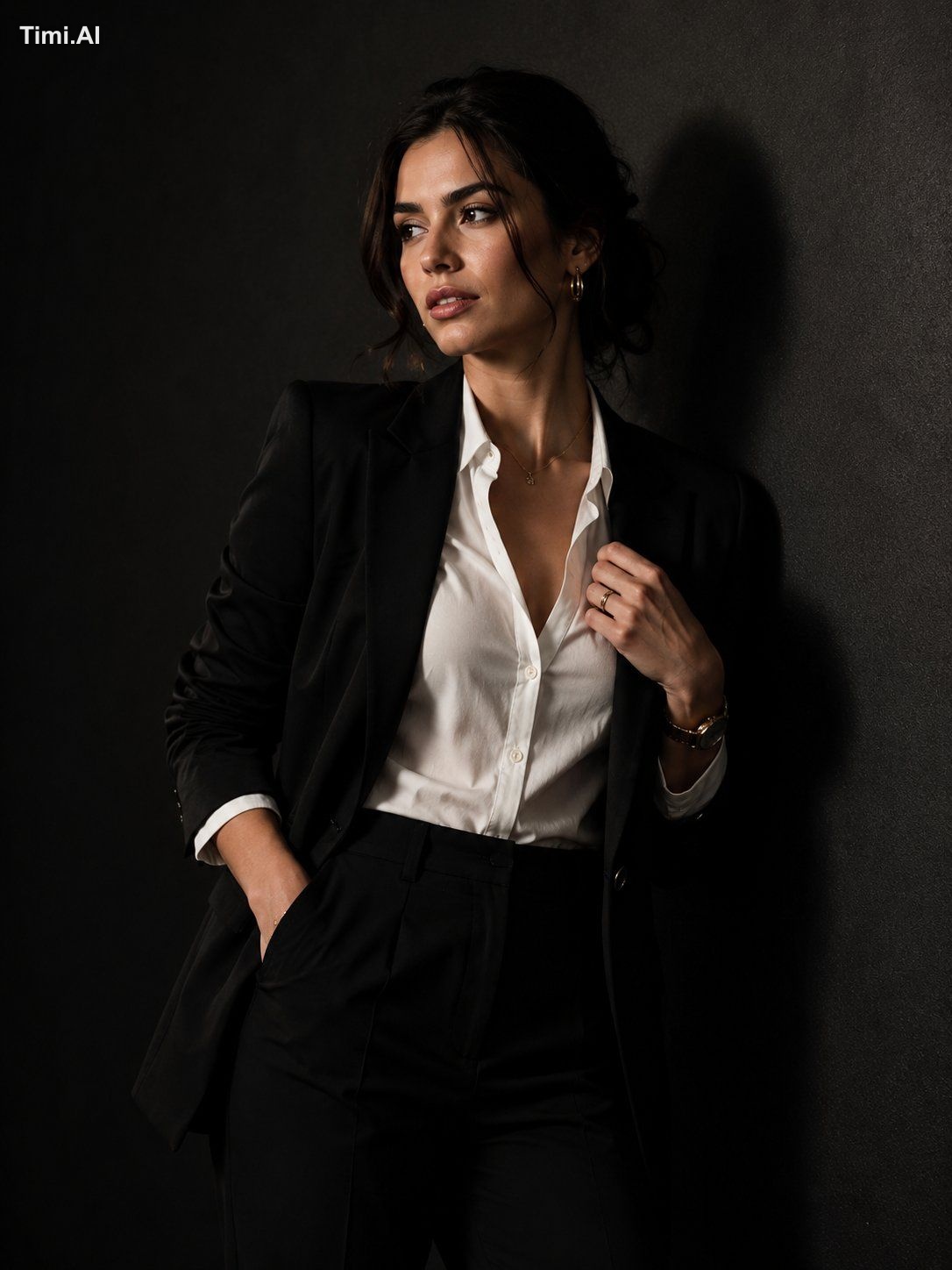 A sophisticated young woman with olive-toned flawless skin, striking ha…