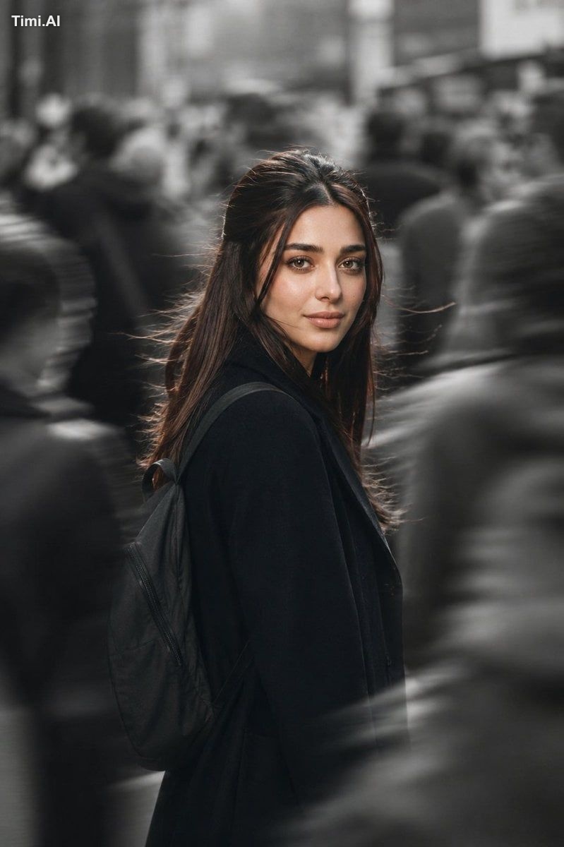 Create a cinematic street portrait of the woman standing in the middle …