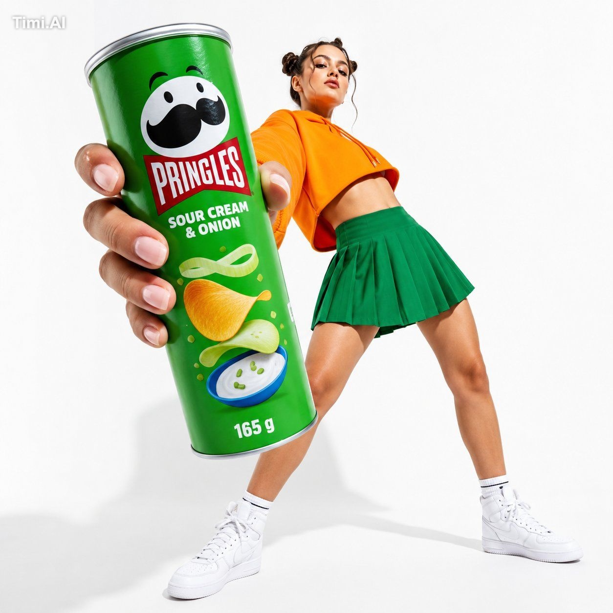 Low-angle fashion campaign photograph of a confident model holding a la…