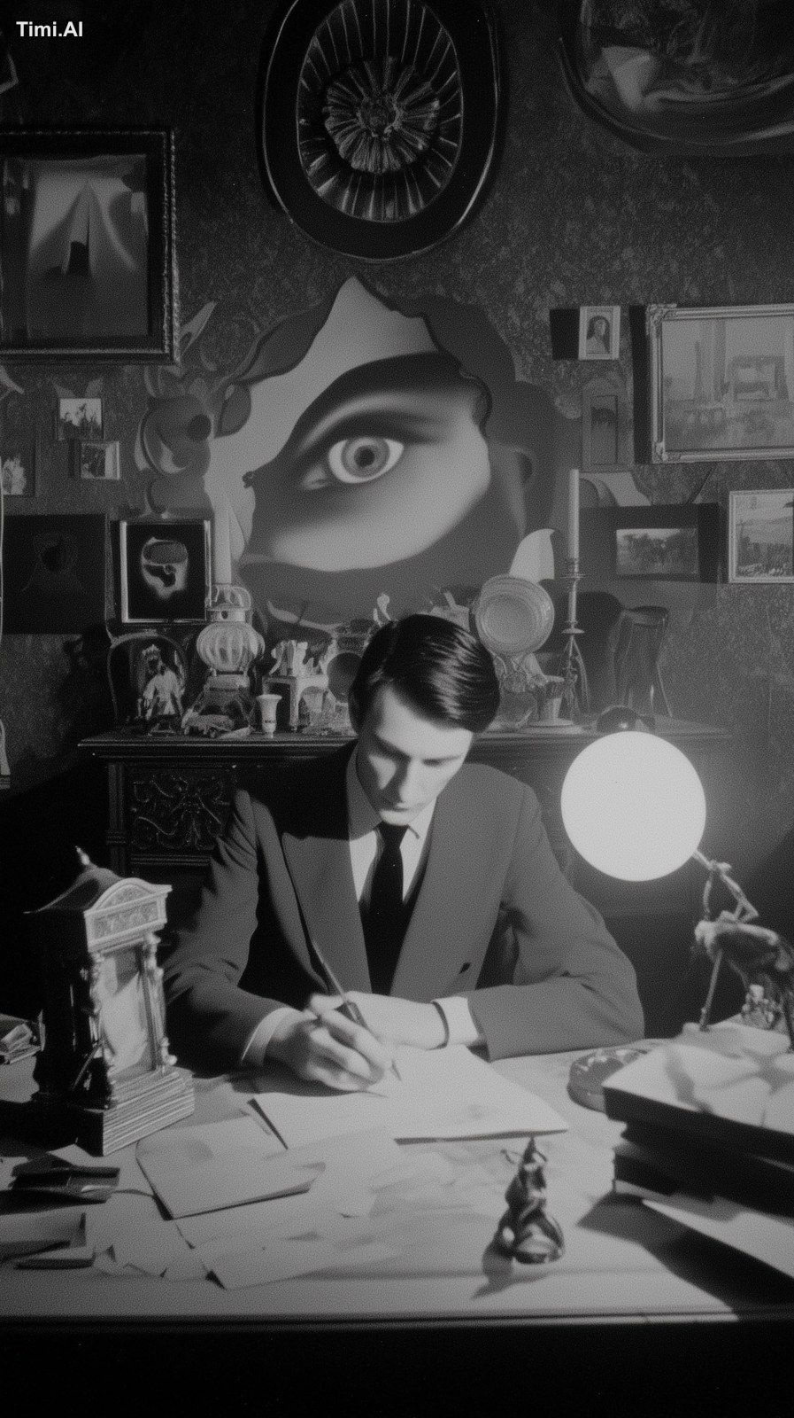 dorian gray working on a project at his table --ar 9:16 --raw --sref 12…