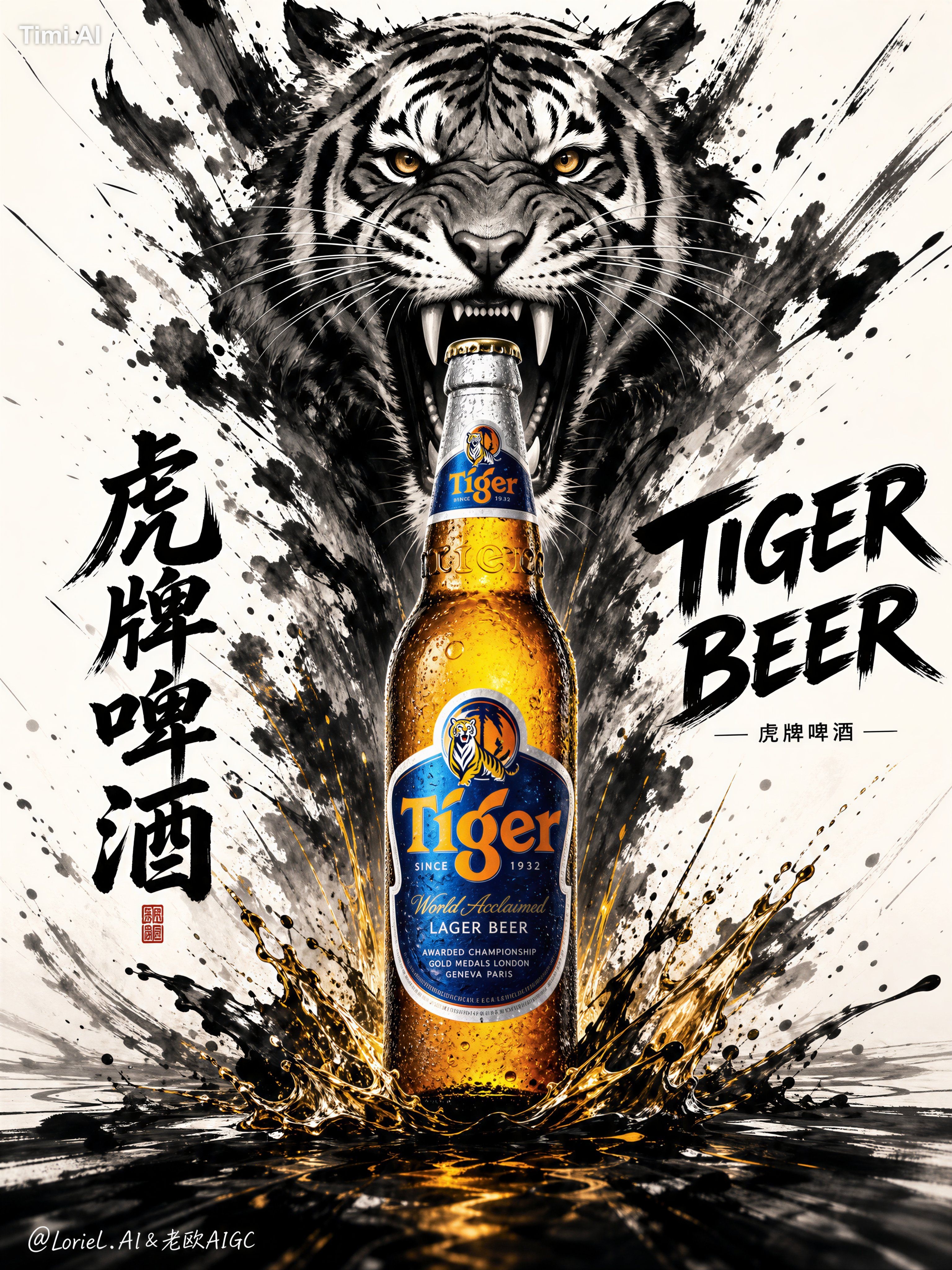 messy dirty ink, cheap watercolor effect, cartoon tiger, blurry label, …