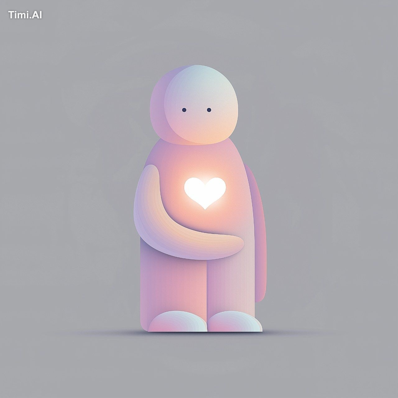 Minimalist, gender-neutral mascot softly hugging itself, with a glowing…