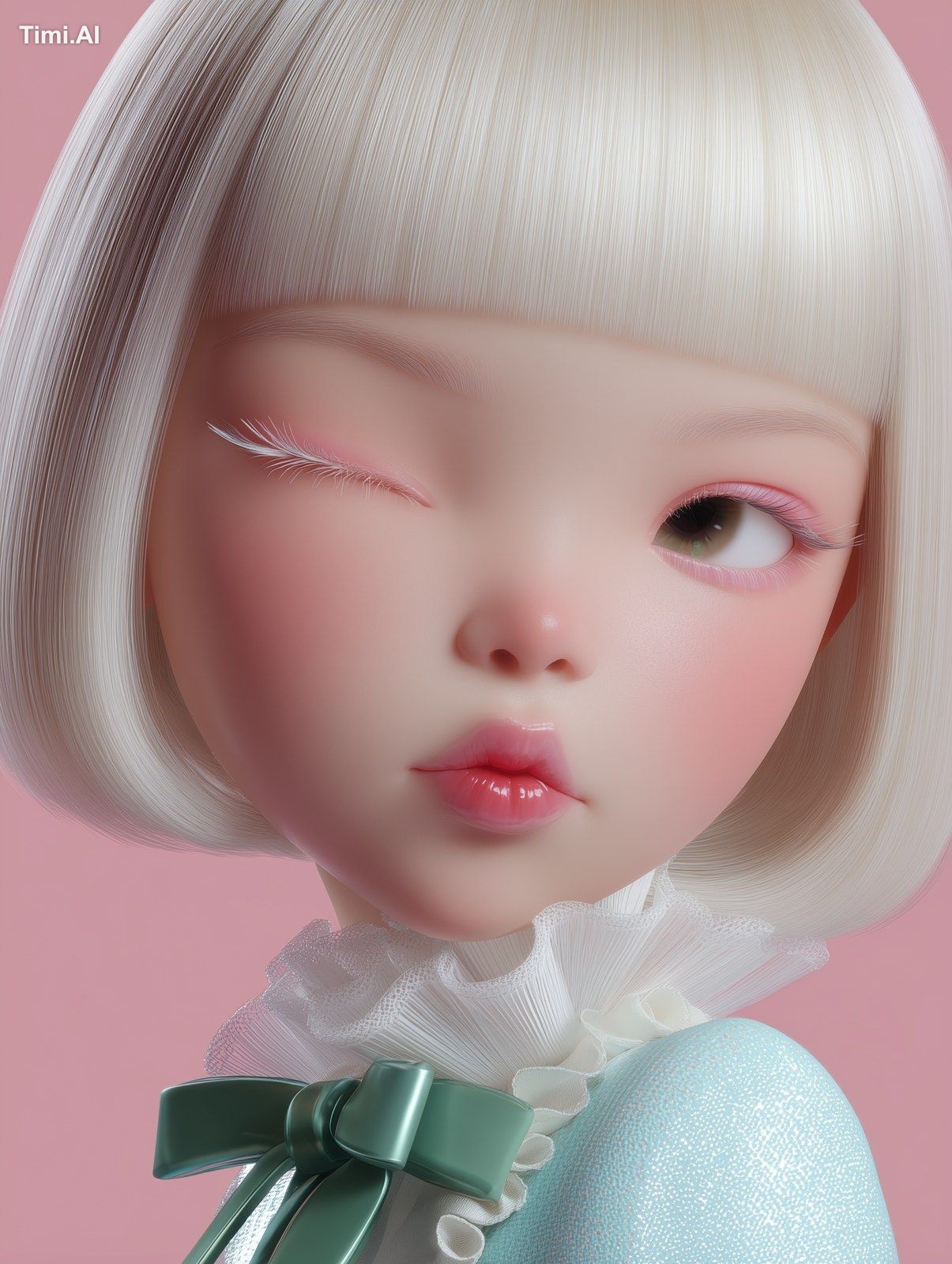 a stylized 3D chibi character with a large head and expressive face, so…