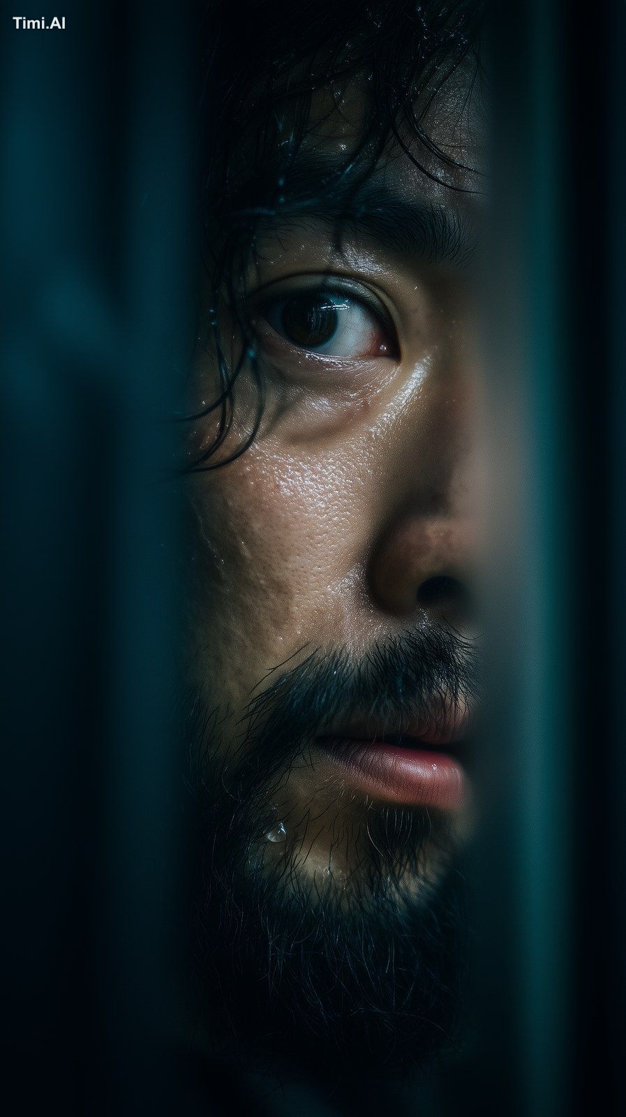 mid shot of a young bearded Hikkikomori dirty Japanese man peering behi…