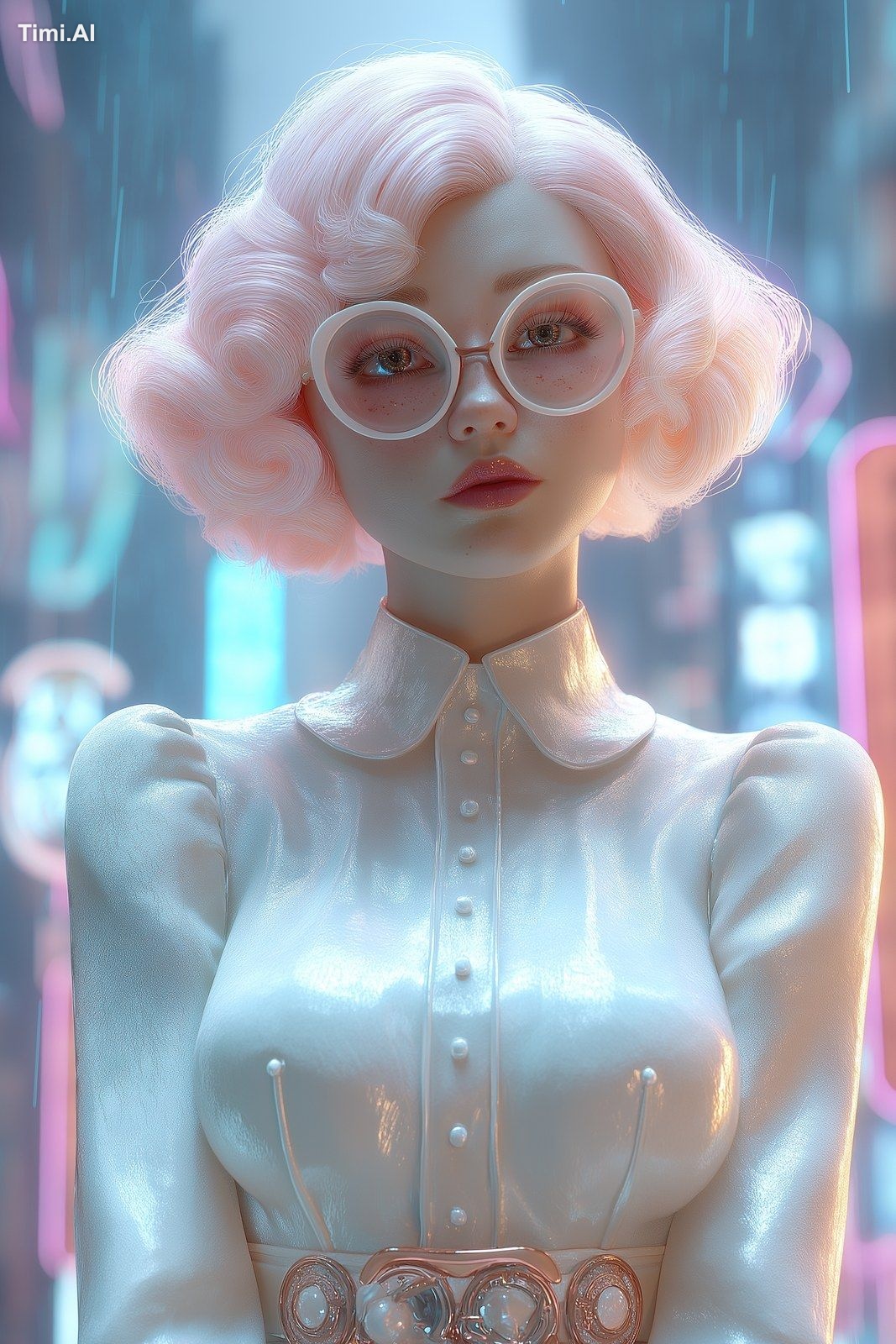 Cinematic extreme close-up of a retro atompunk 1950s woman on a neon-ti…