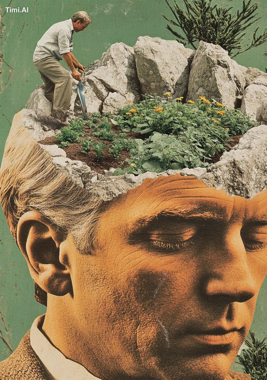 ollage by jesse treece, a small man is making a garden on top of a blad…
