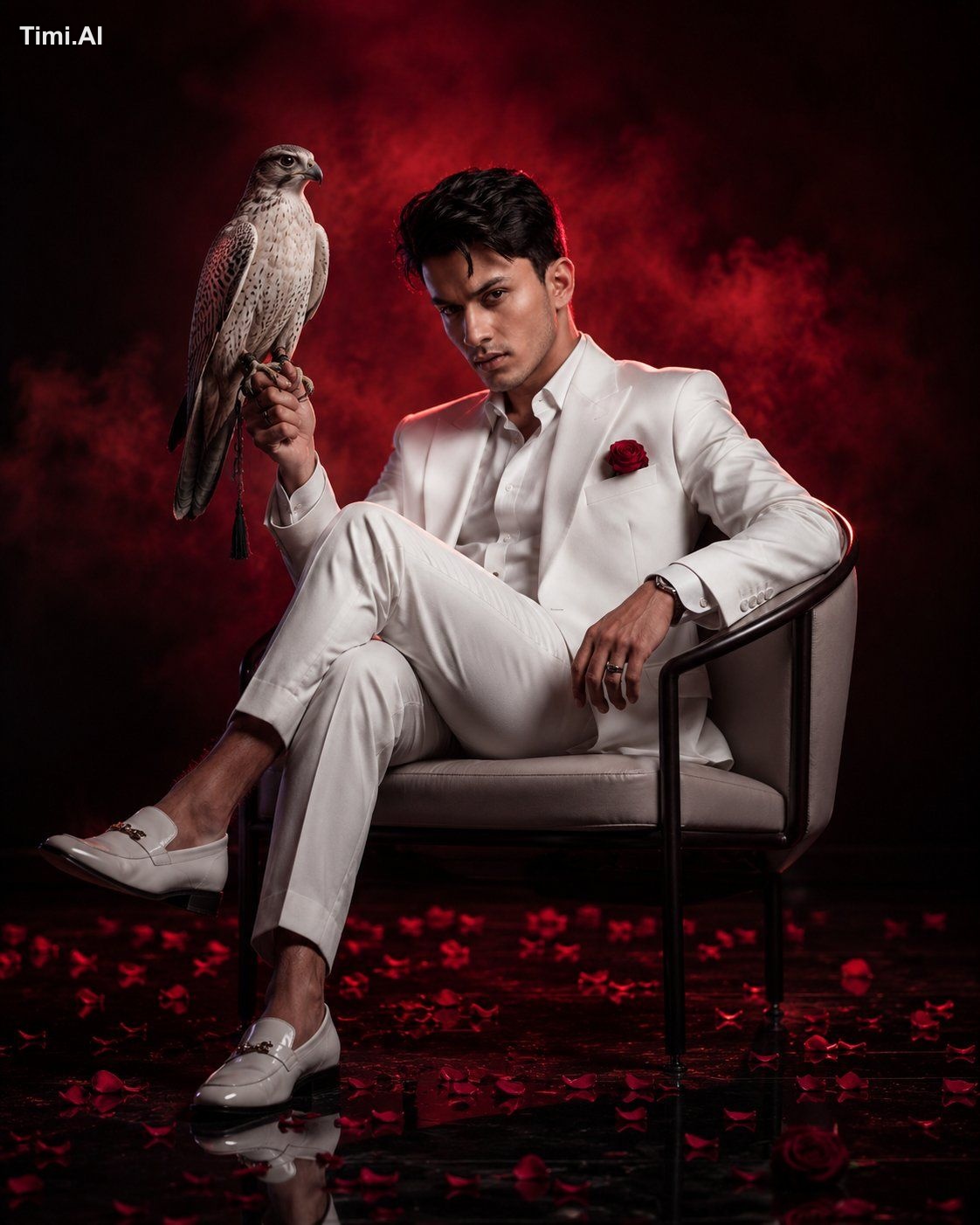 : Create from a confident man in an all-white suit, sitting elegantly o… 1