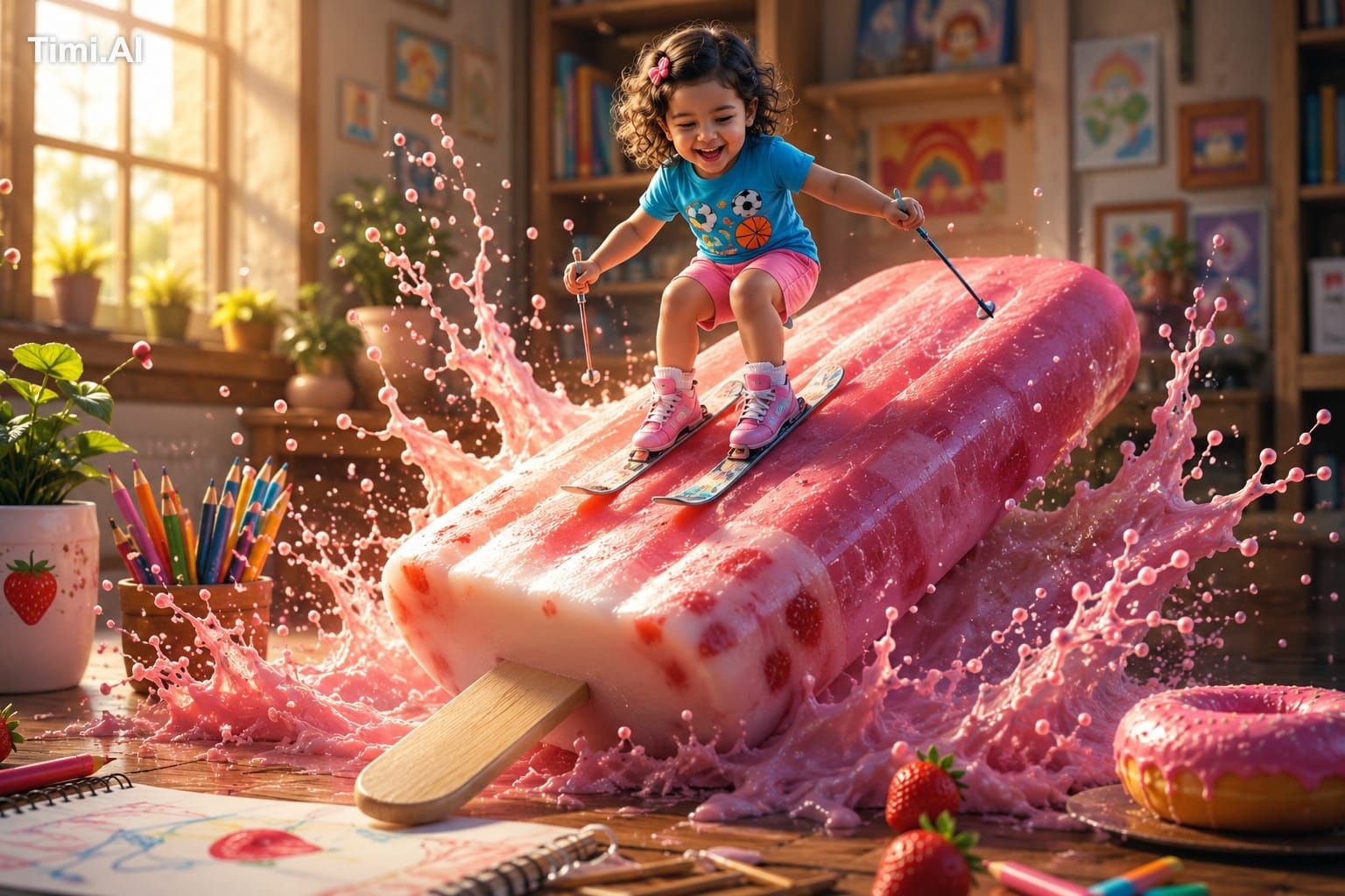 A magical, ultra-realistic cinematic scene of a happy toddler girl skii…