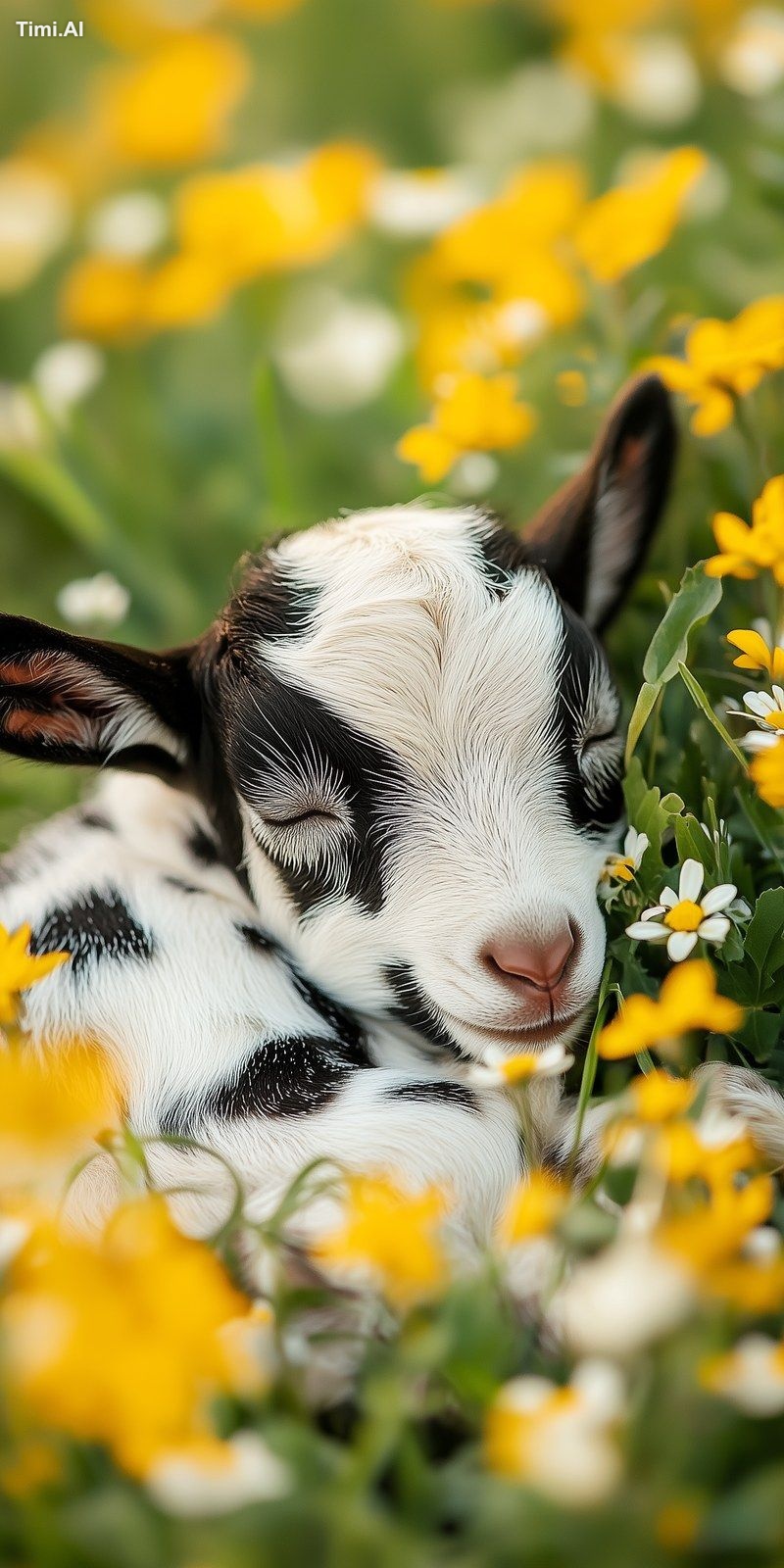 Cute black spotted baby goat, not horns, sleeping in a summer meadow, n…