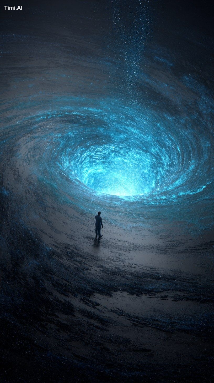 blue hologram in the shpae of a human falling into a spiral galaxy cent…