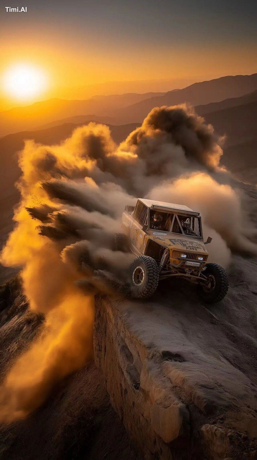Ultra4 race truck in mid-drifting brake turn atop cliff plateau, canary…