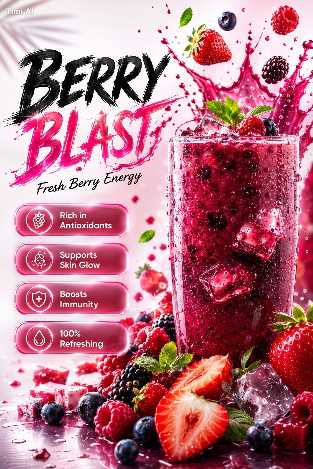 Ultra-realistic premium mixed berry beverage advertisement poster desig…