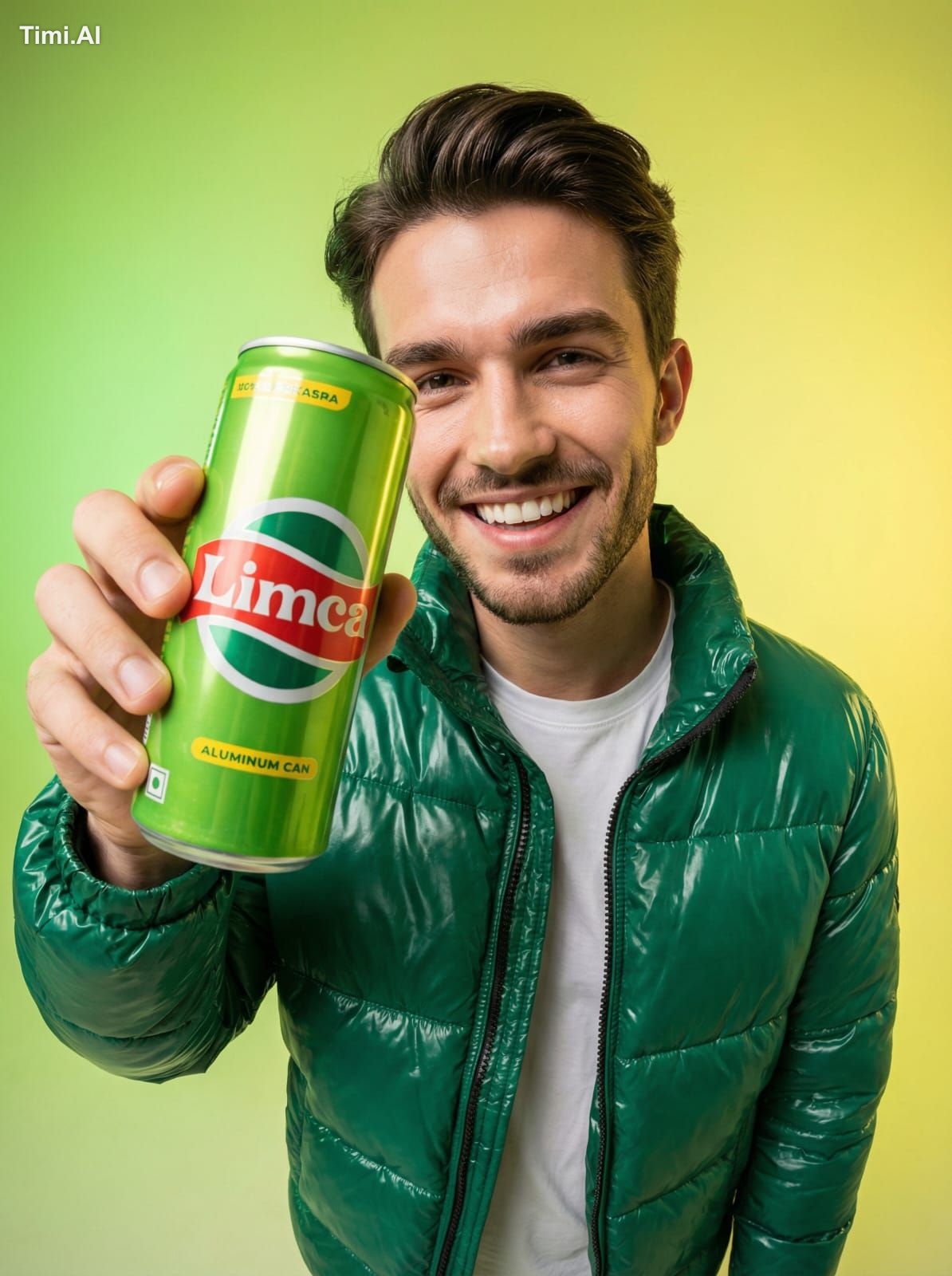A high-end studio portrait of one smiling person holding a [BRAND] [DRI…