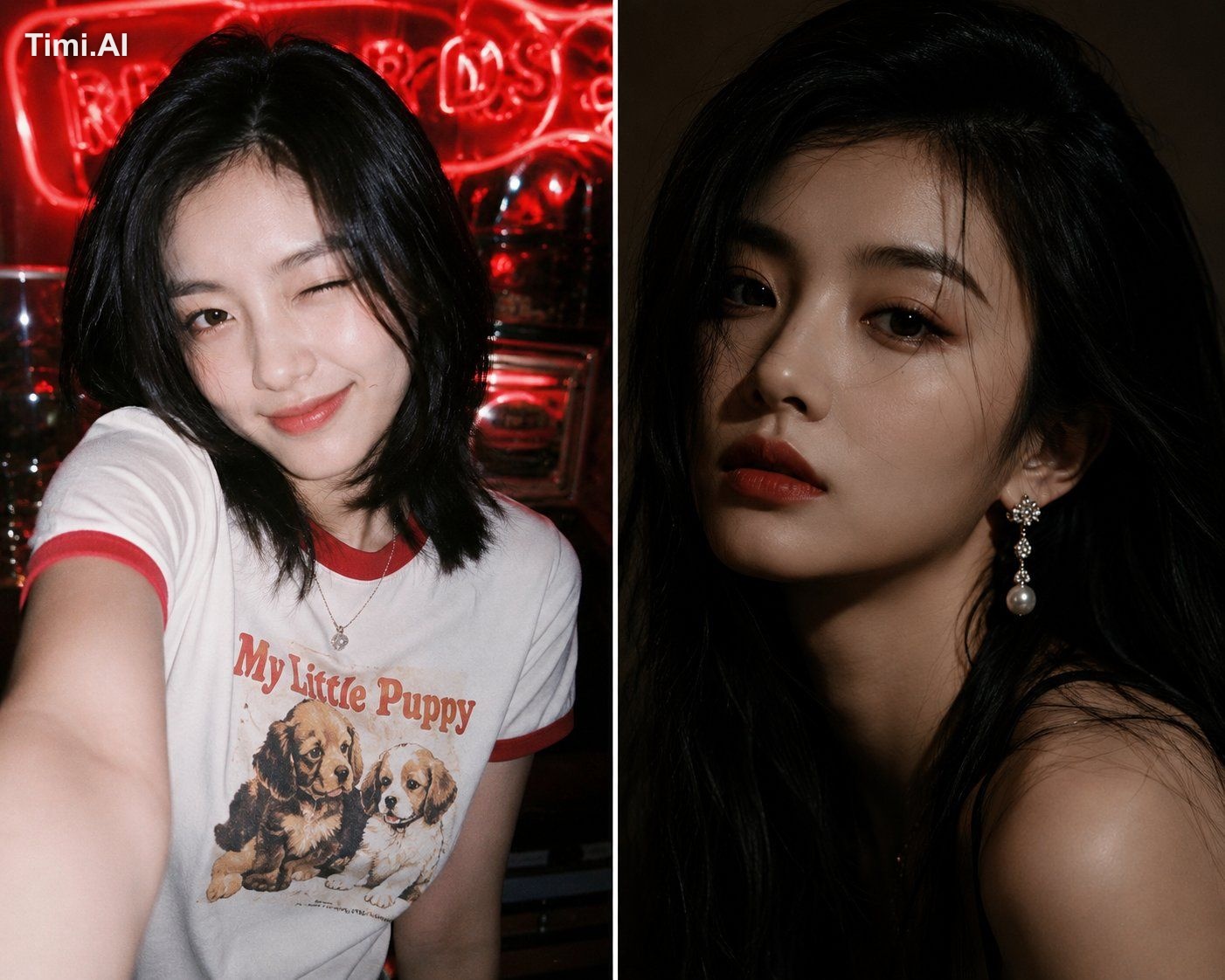A 2-panel photo collage featuring the same East Asian woman, showcasing…