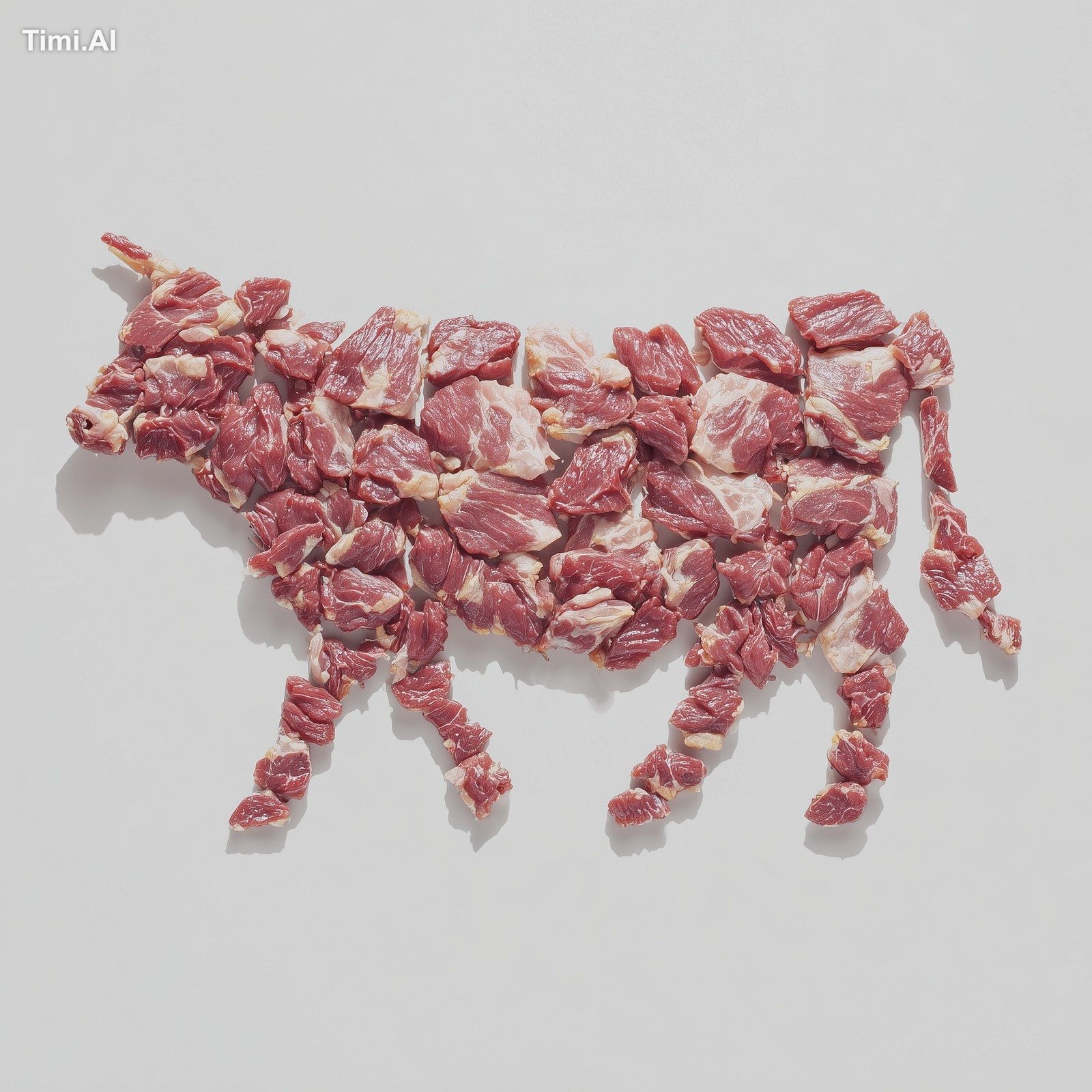 100 squared beef pieces formed a Cow shape, realistic, fine-detailed, -…