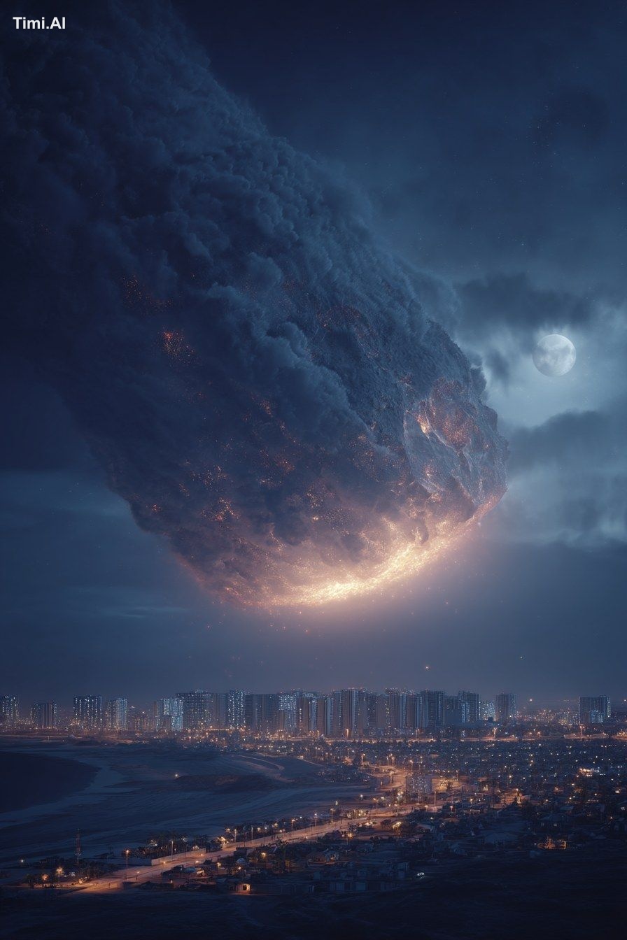 An incredibly scary and enormous Asteriod falling over a small city, ph…
