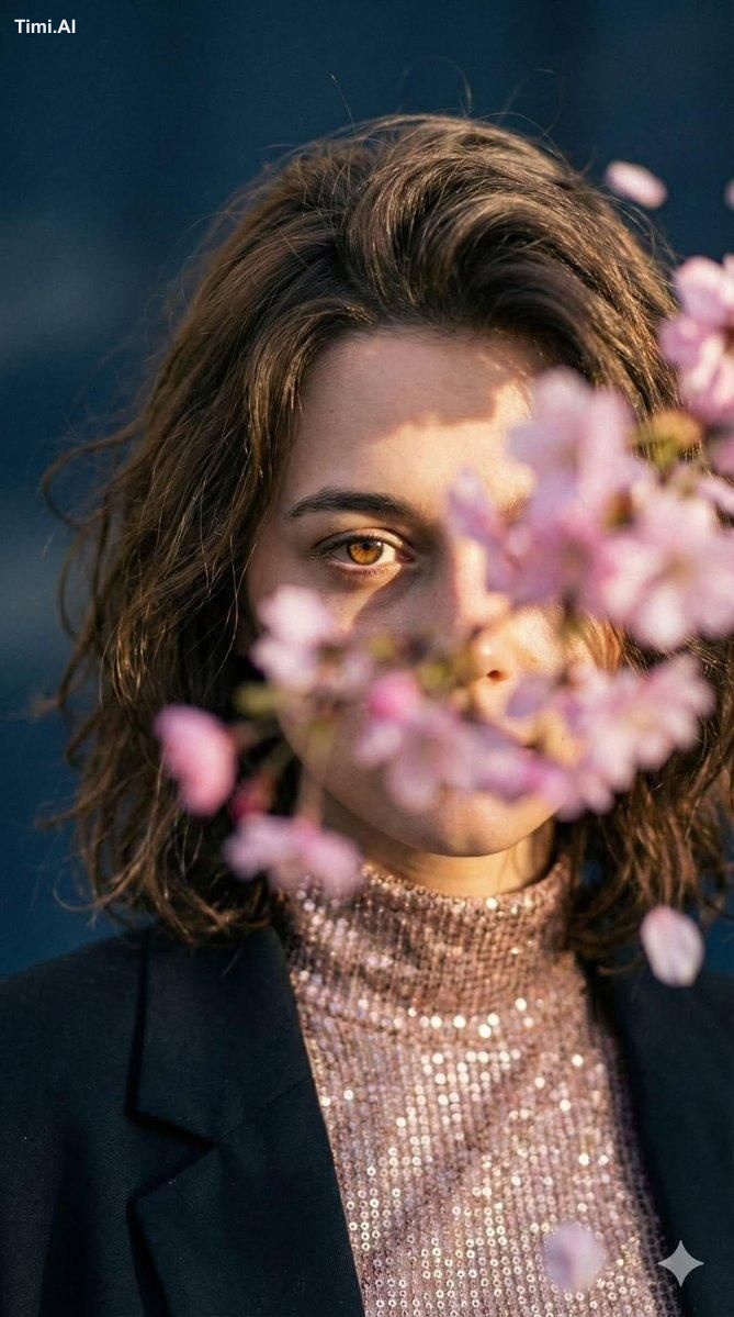 Poetic cinematic close-up portrait of a young woman partially obscured …