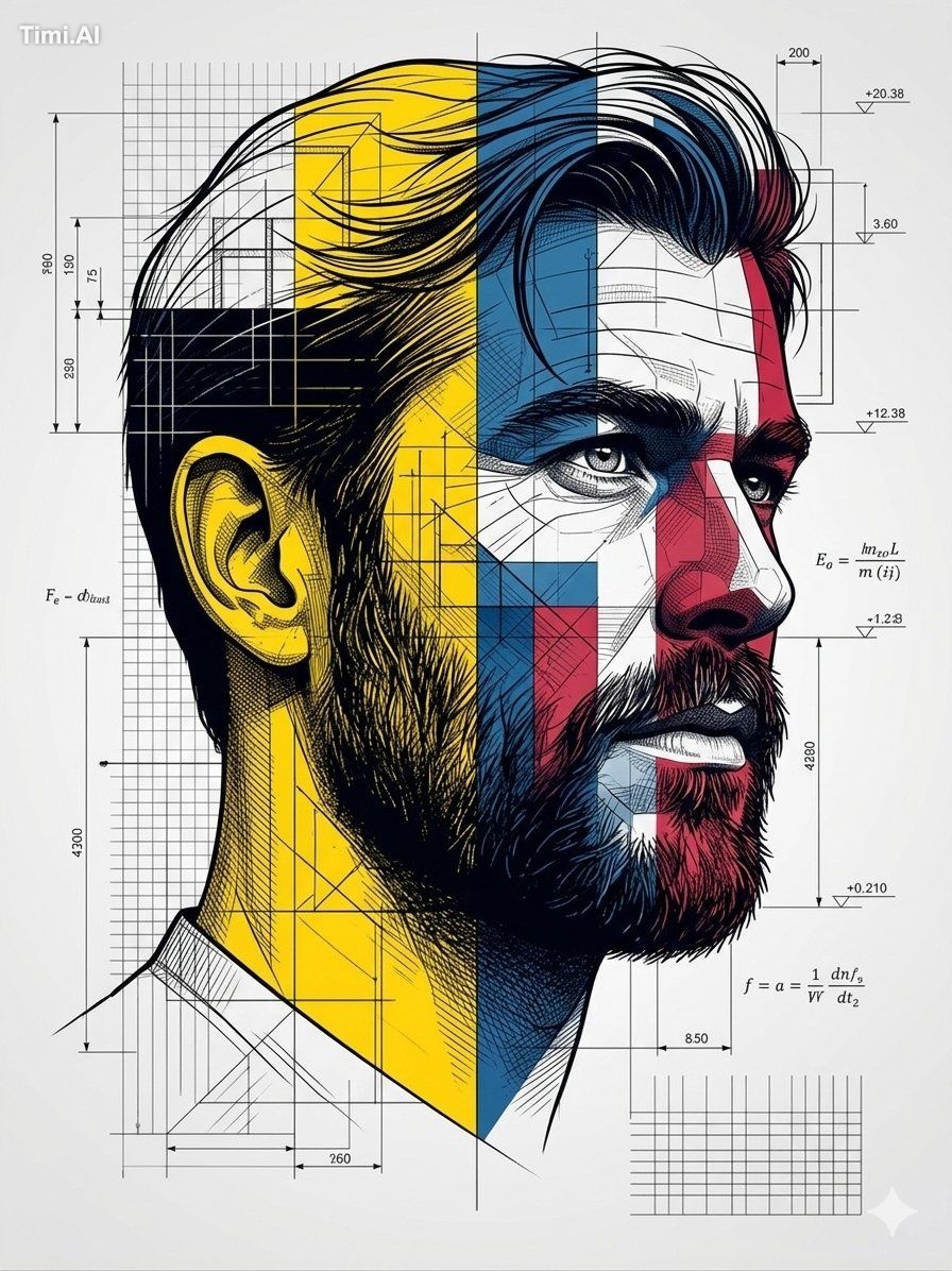A hyper-detailed modern portrait of a thoughtful man with a beard, look…