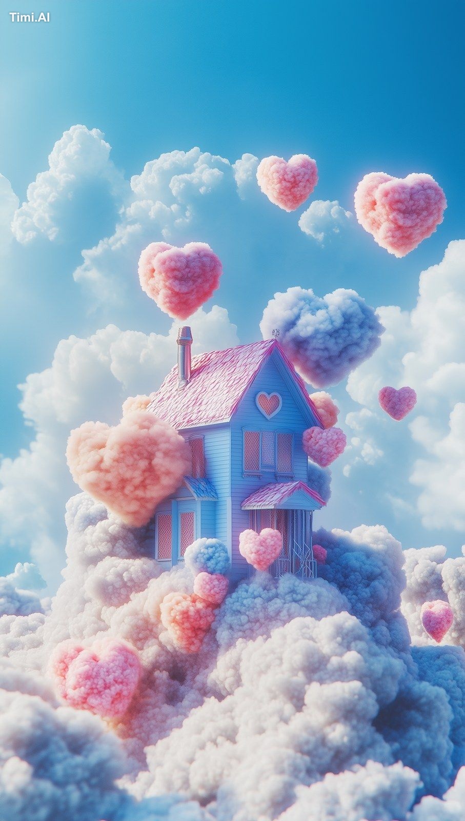 Medium format shot of A house made of colorful cotton candy clouds, wit…