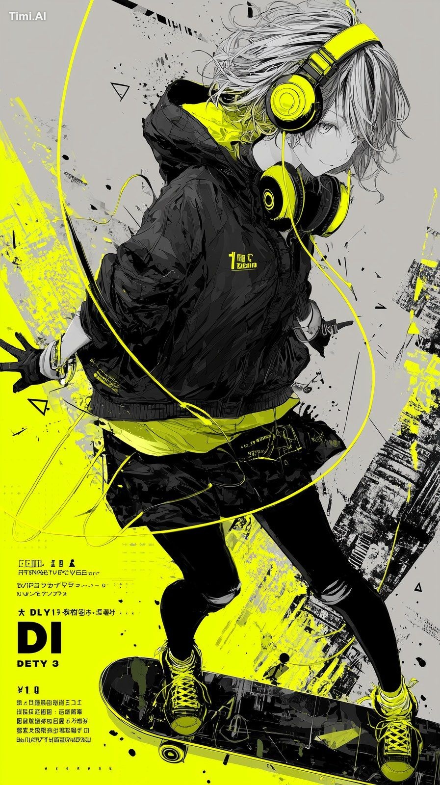background: type: "グラフィティ風抽象背景（音波やスピーカーのアイコン風落書き）" person: description:…