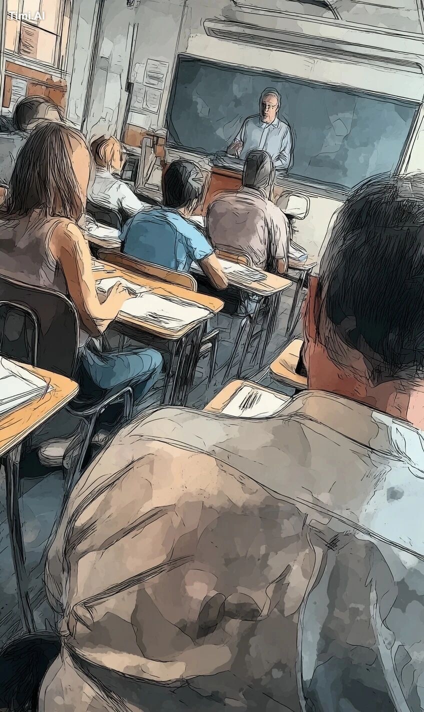create an image of a classroom with adult students who are angels. The …