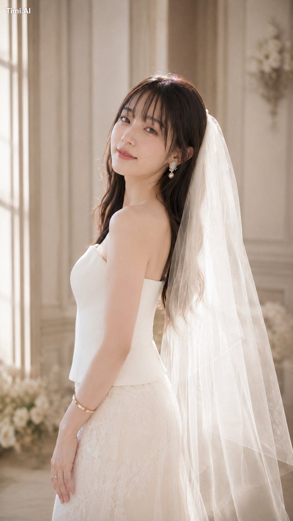 高端超写实婚纱时尚人像，优雅欧式室内，电影感16:9宽屏。新娘靠近中左位置，大腿中部至头顶取景。长款大教堂婚纱头纱宽幅延伸至画面右半侧——与左… 1