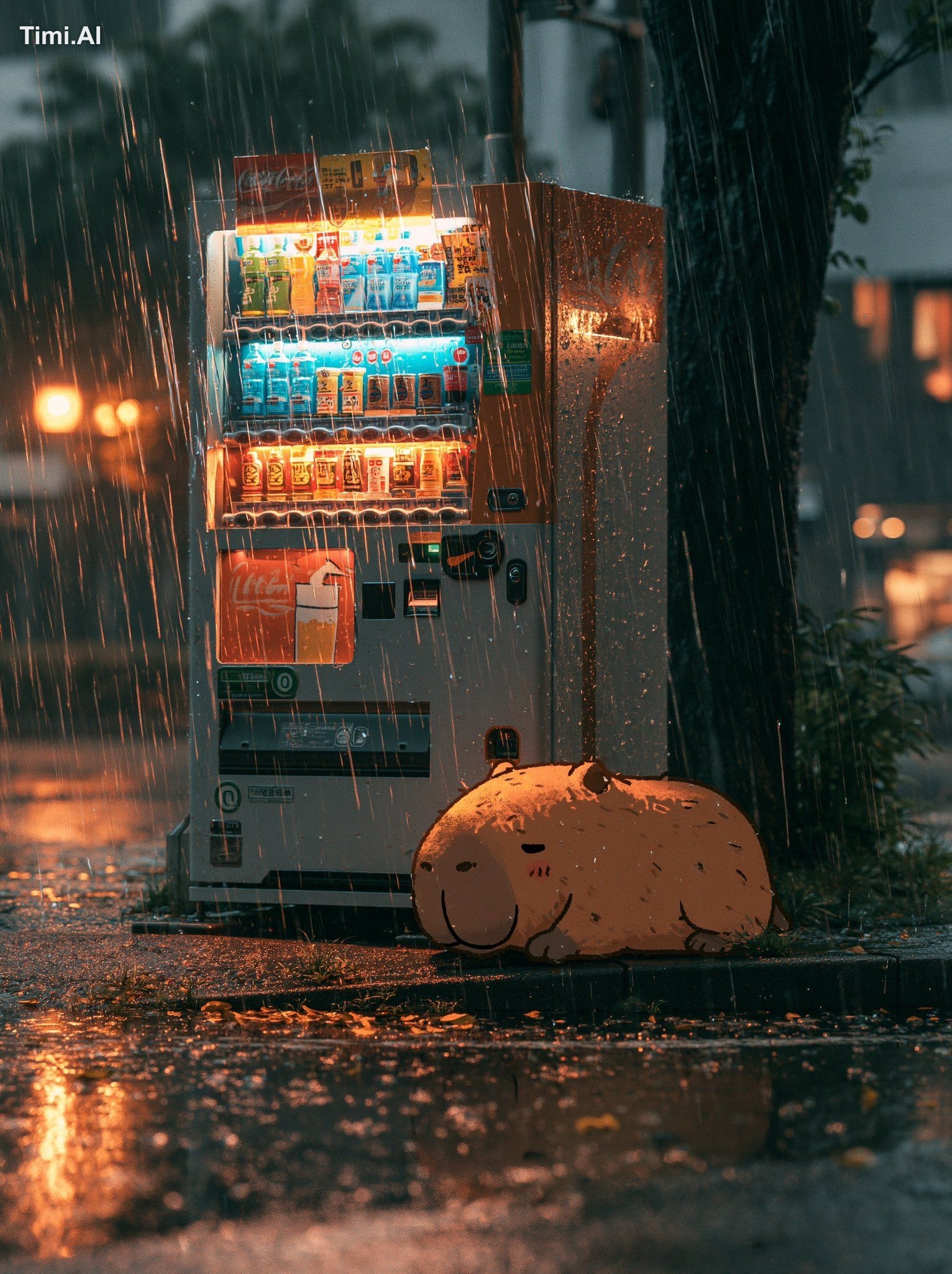 a 2D cartoon-style sticker cute capibara is lying beside a realistic ci…