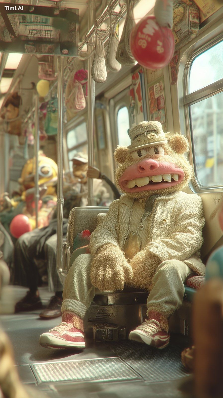 a hyper-realistic subway interior during a typical commute, featuring a…