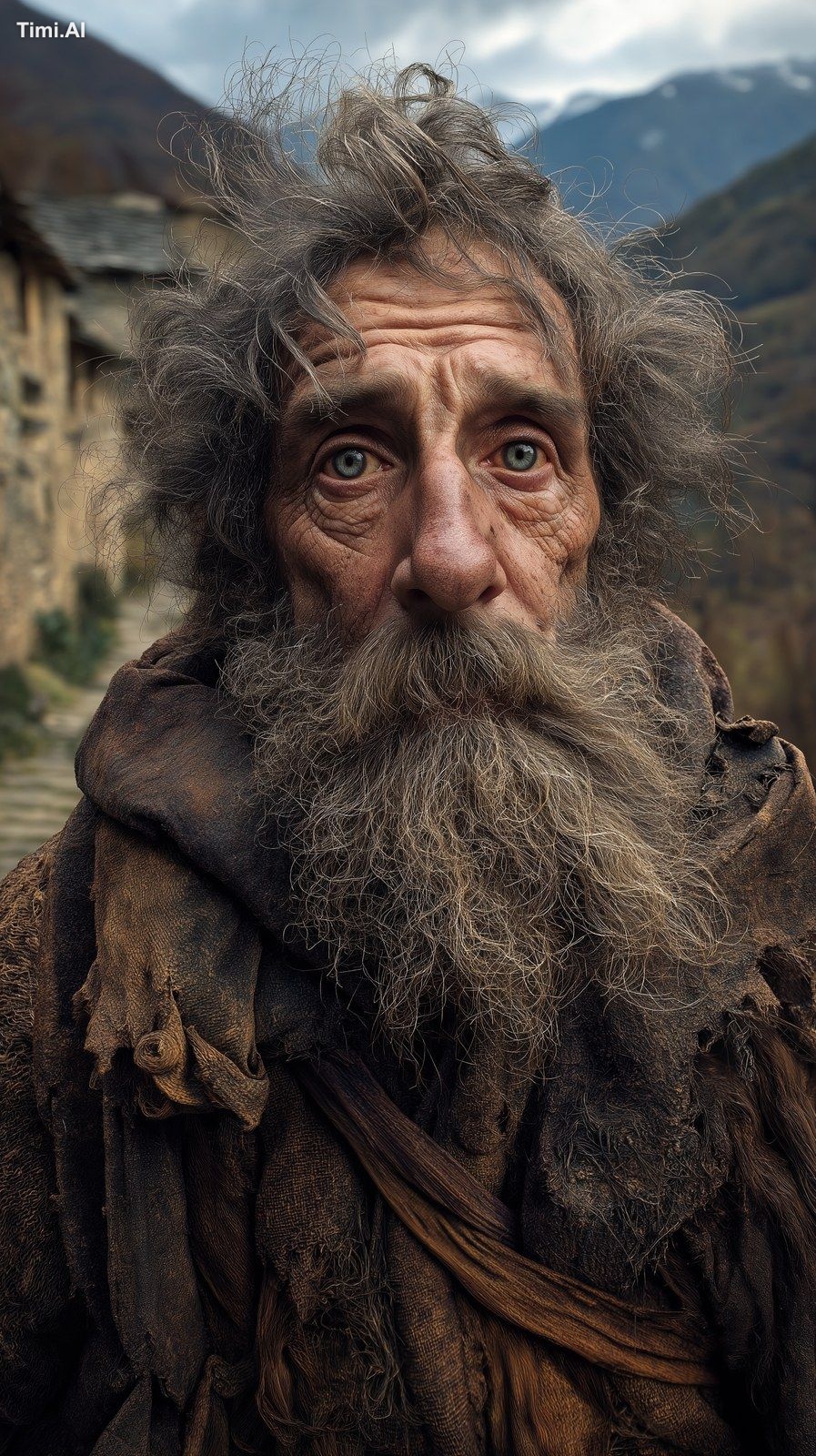 A hyperrealistic depiction of a medieval madman wandering a rural villa…