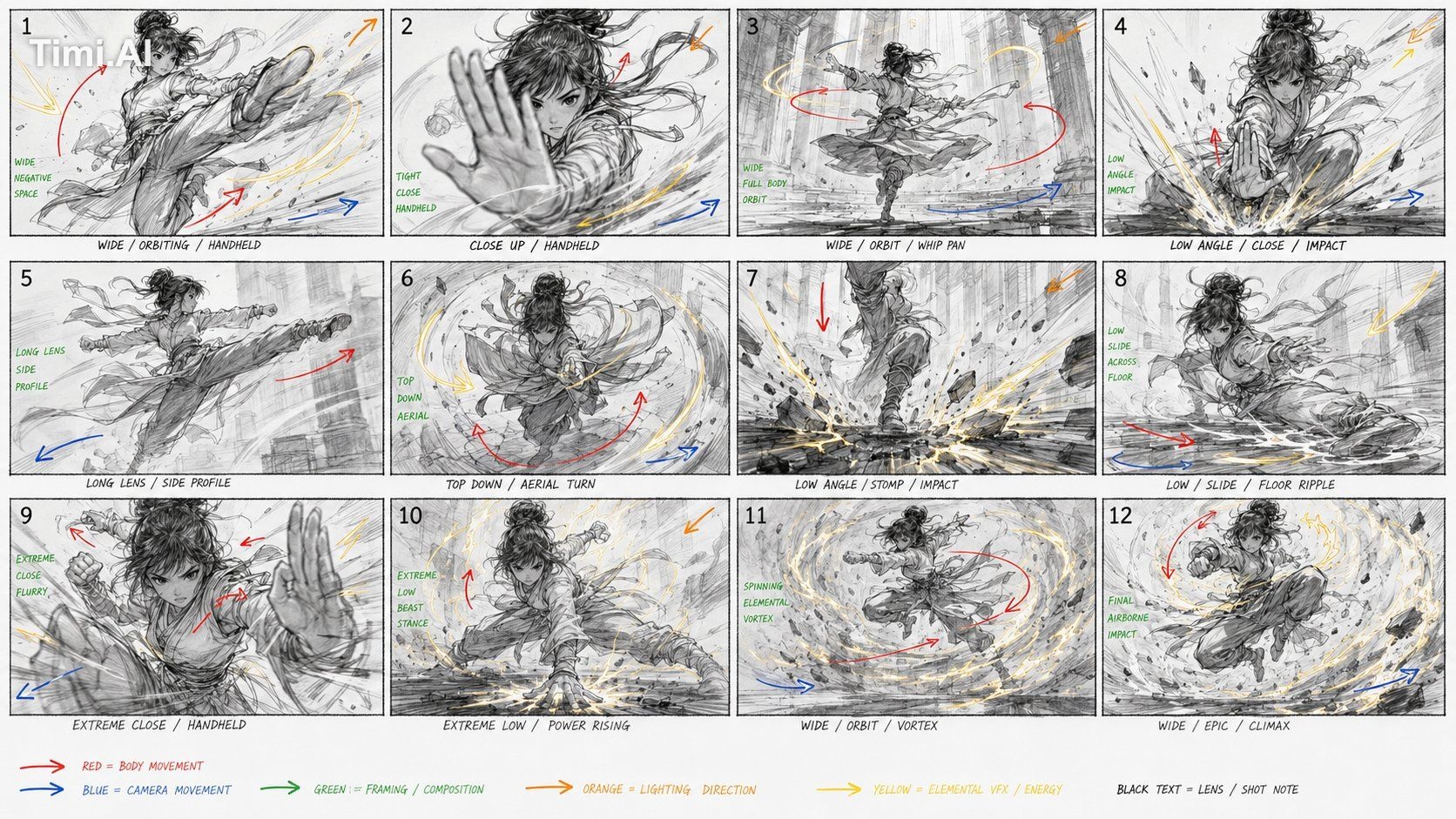 Create a raw kung fu performance storyboard focused on extreme physical…