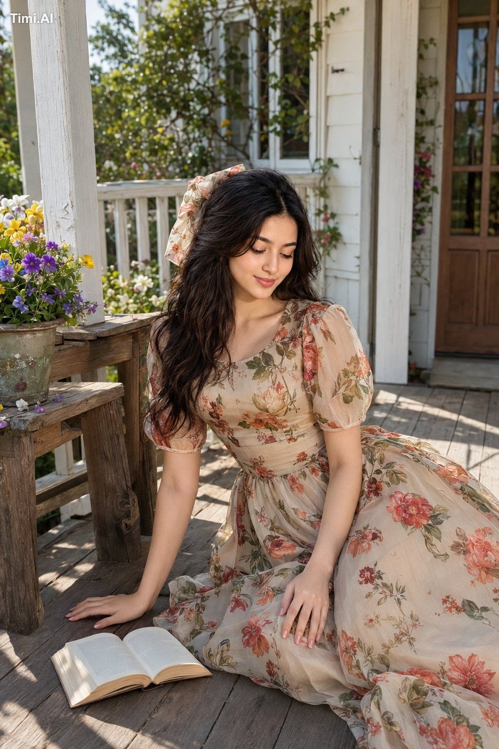 { "description": "A stylish beautiful woman seated on a wooden porch fl…