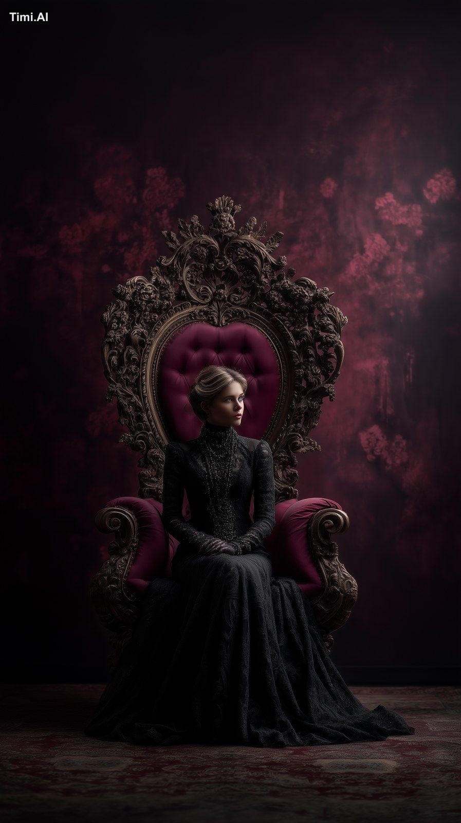 an elegant queen sitting on her throne --ar 9:16 --profile q7xkyeo --v 7