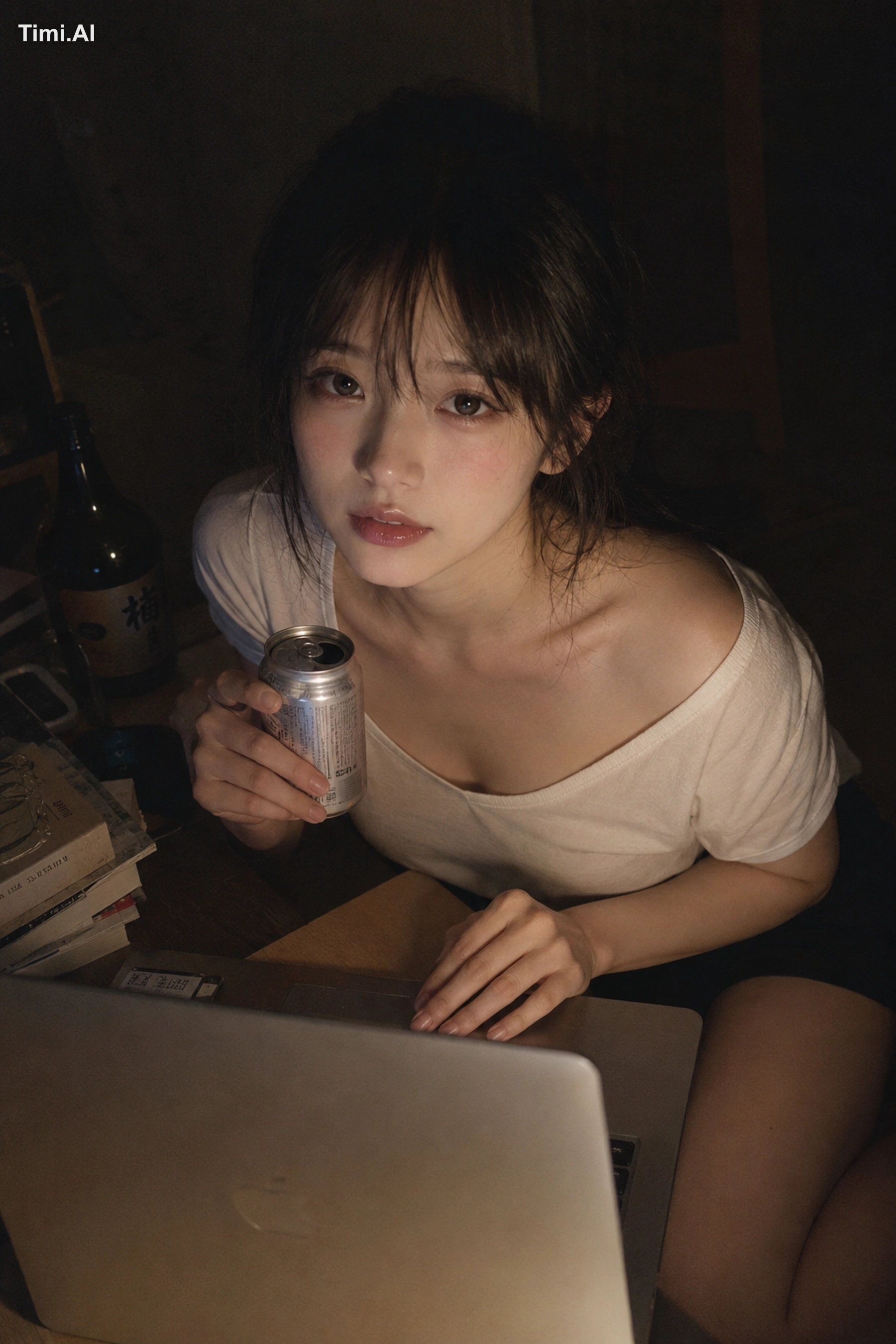 { "subject": { "description": "A woman in her 20s seated next to a low … 1