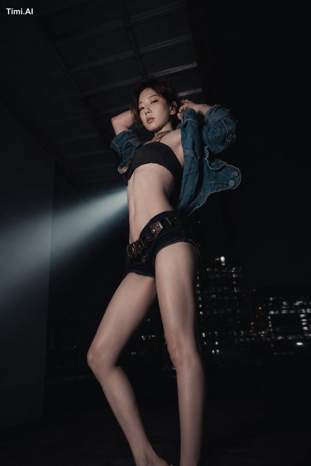 创作一幅写实、竖幅的夜间时尚大片肖像，拍摄对象是一位21岁以上的东亚成年女性，她站在昏暗的工业屋顶或停车场环境中。镜头采用低角度仰拍，营造出强… 1