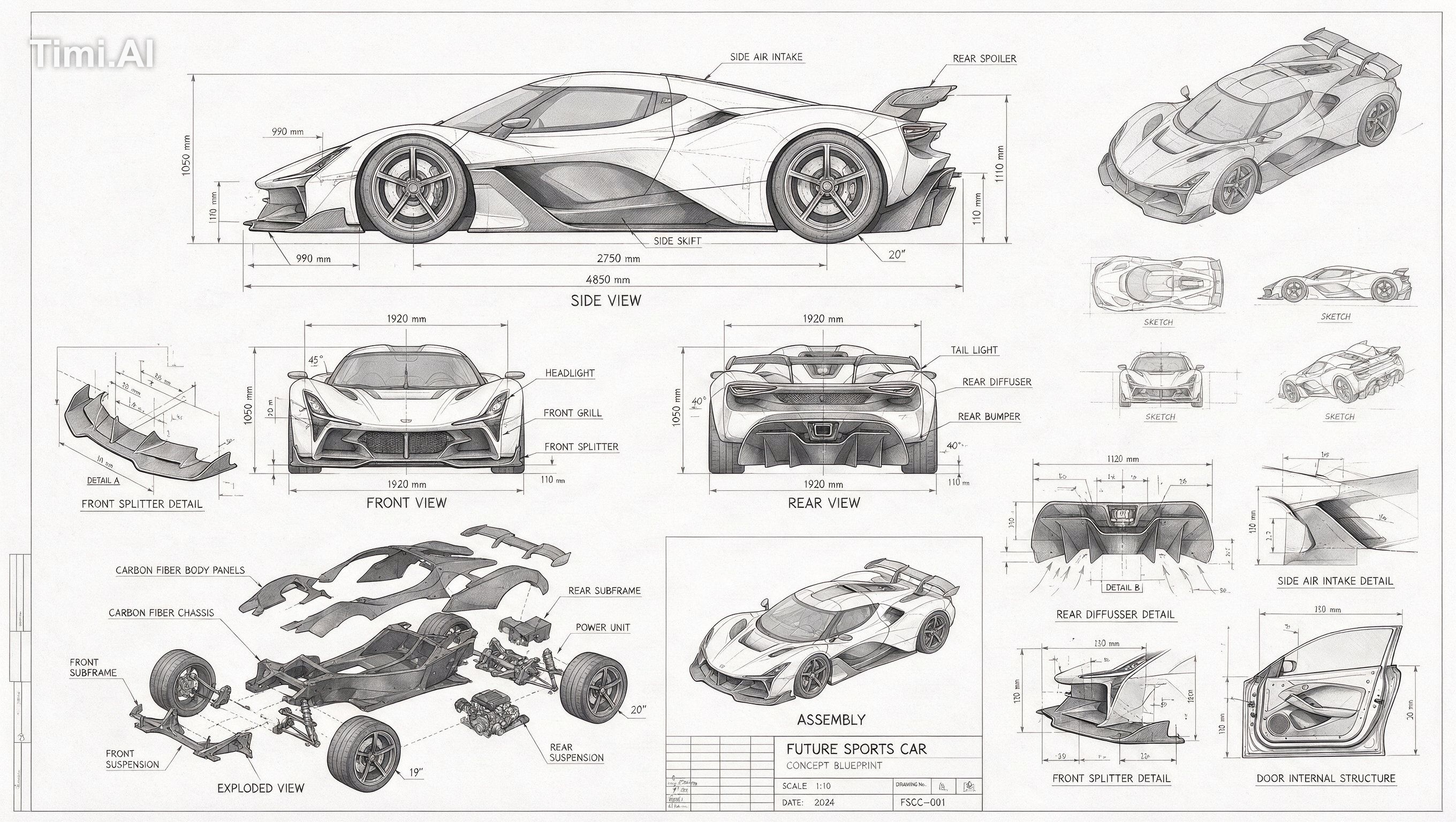 A technical drawing of a futuristic sports car in blueprint style. Incl…